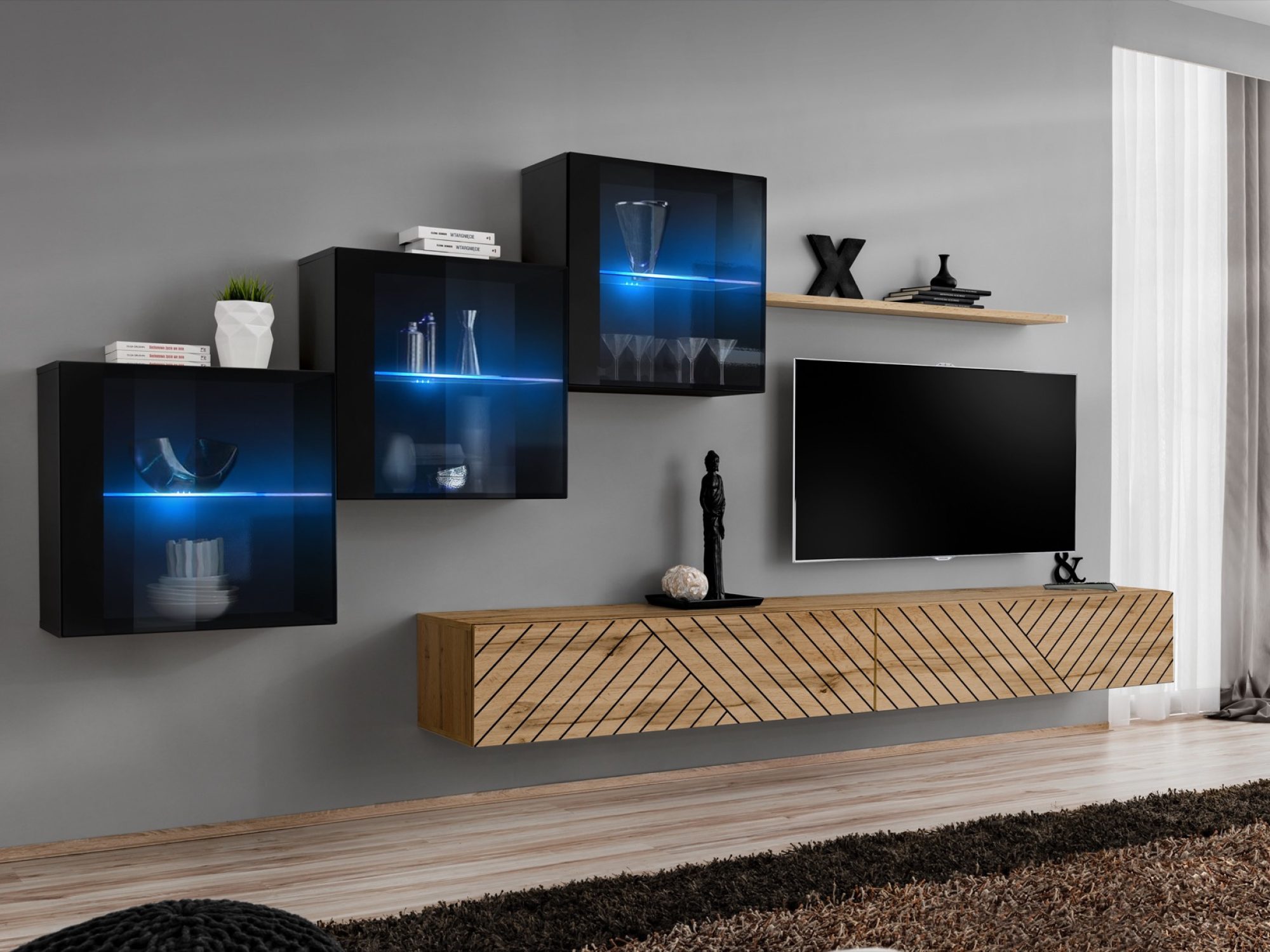 Wohnwand Kelmoro 330 cm mit geriffelten Fronten, 3 Vitrinen und 2 TV-Boards