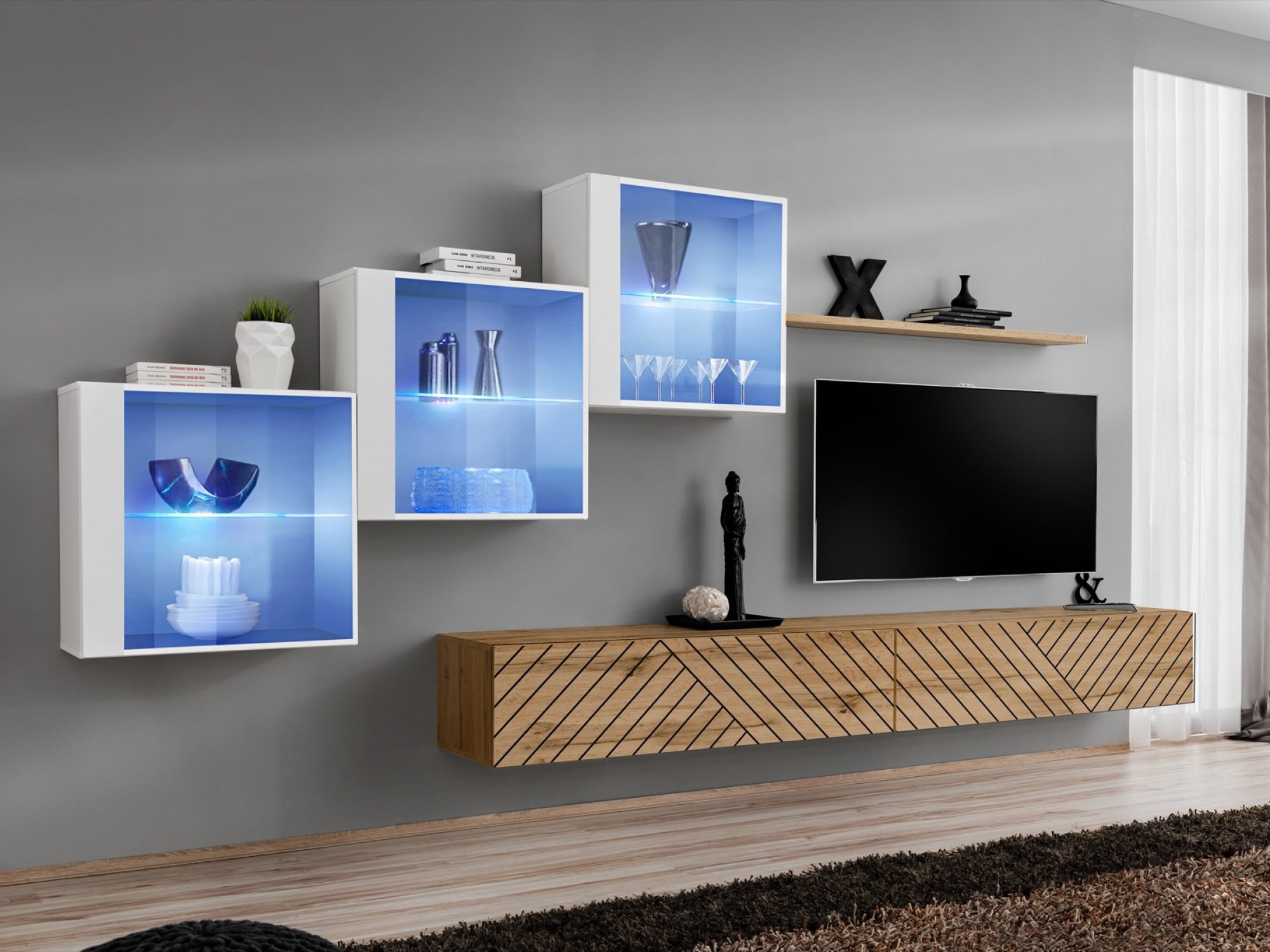 Wohnwand Kelmoro 330 cm mit geriffelten Fronten, 3 Vitrinen und 2 TV-Boards