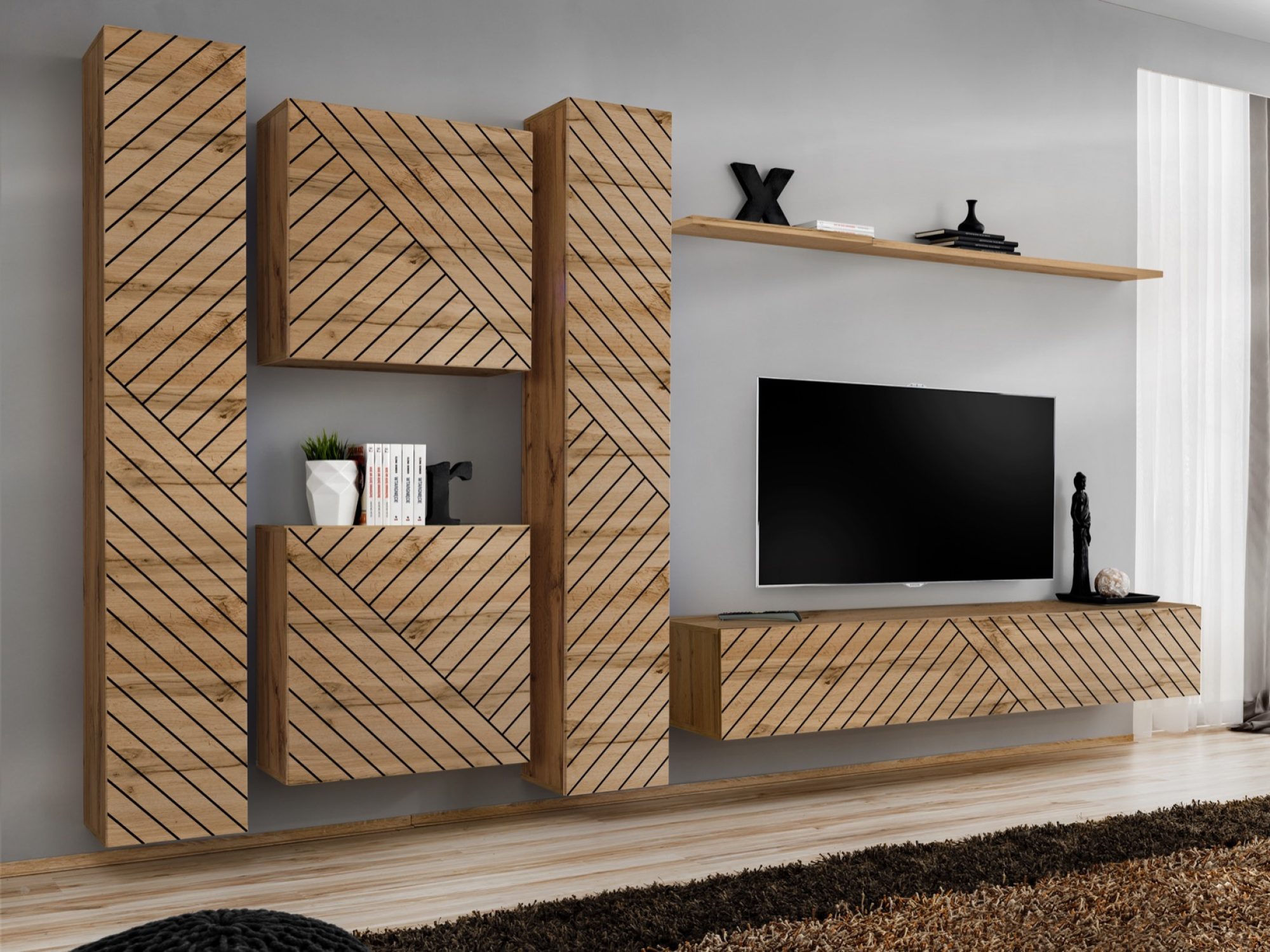 Wohnwand Kelmoro 330 cm mit geriffelten Fronten, Hoch- und Unterschränken im Wohnzimmer-Ambiente
