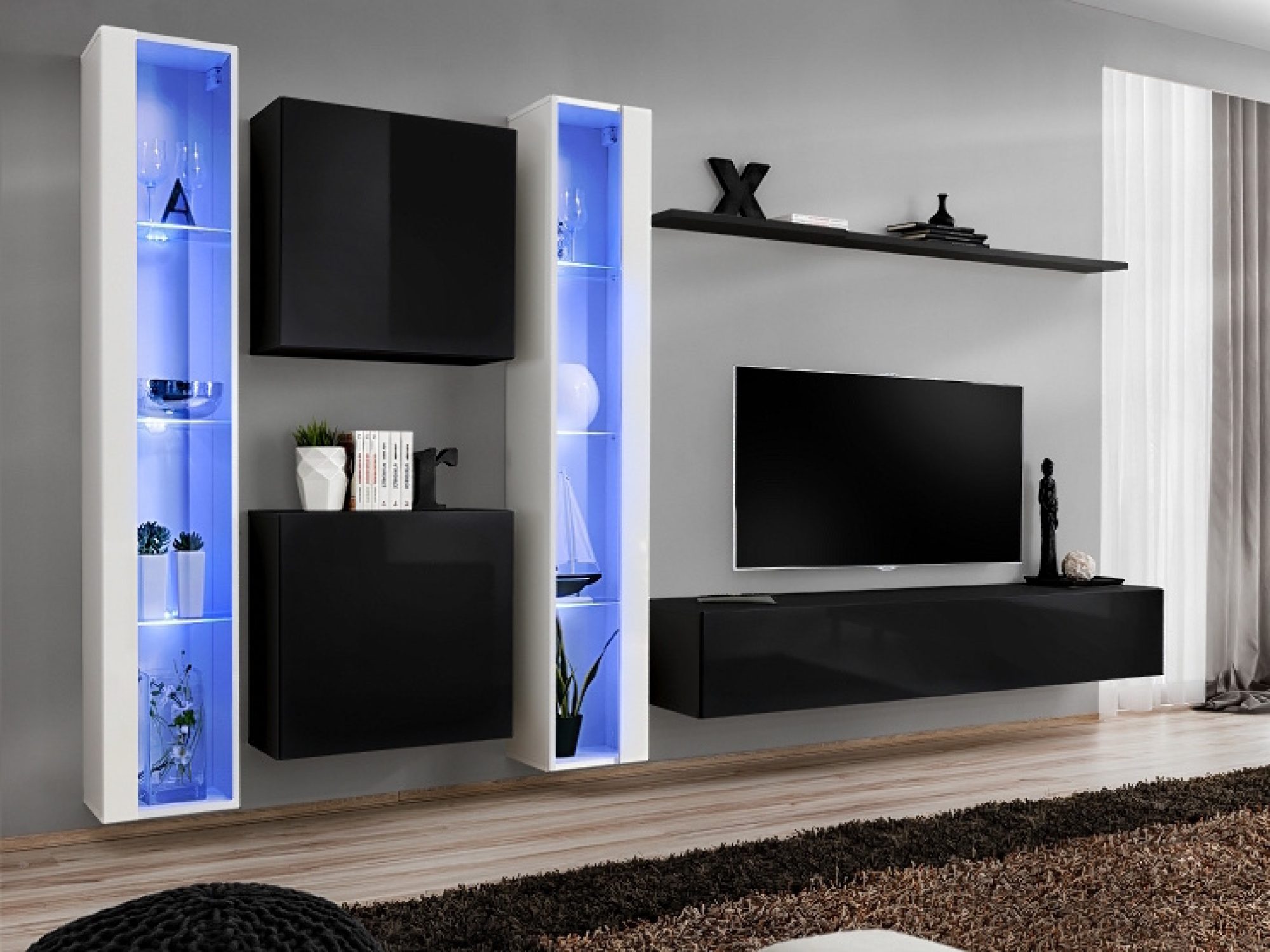 Wohnwand Kelmoro 330 cm mit hohen LED-Vitrinen und Schränken