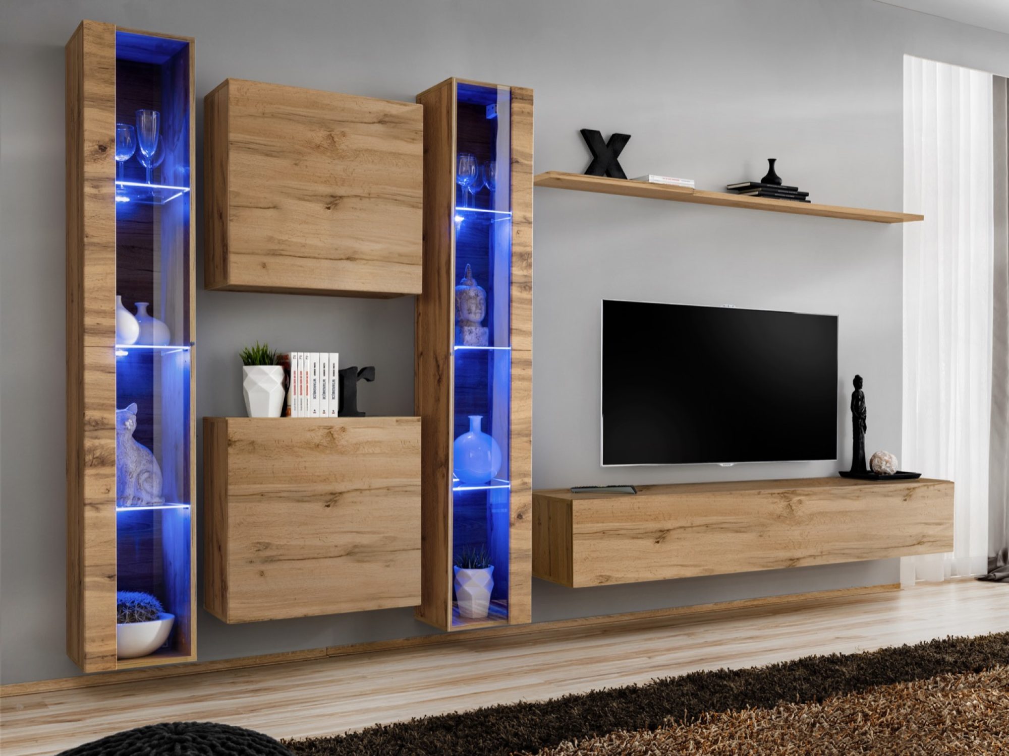 Wohnwand Kelmoro 330 cm mit hohen LED-Vitrinen und Schränken