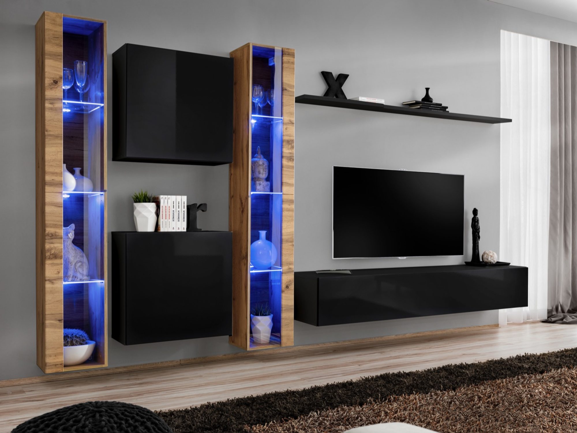 Wohnwand Kelmoro 330 cm mit hohen LED-Vitrinen und Schränken