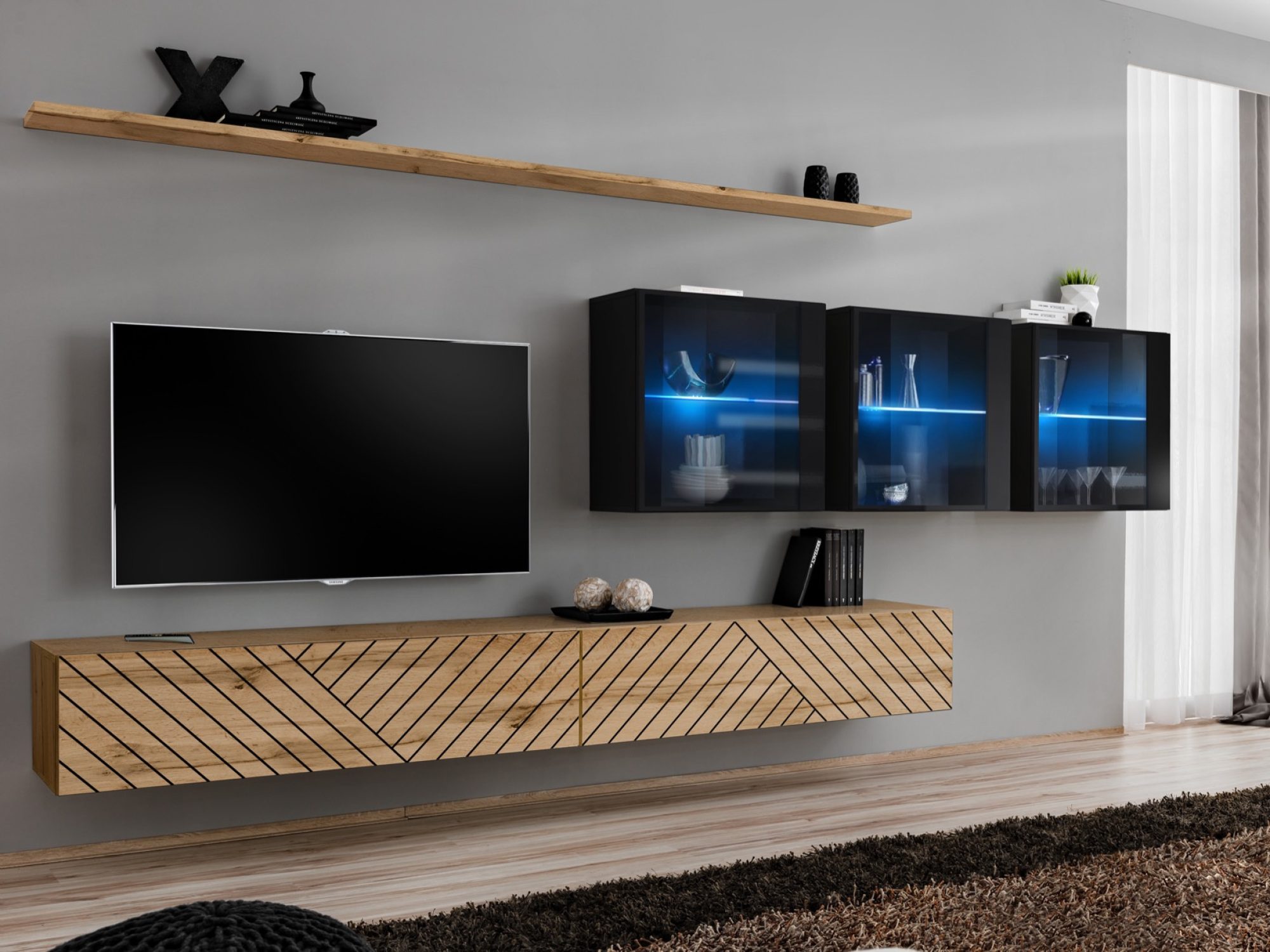 Wohnwand Kelmoro 340 cm mit Rillenfronten, 3 Vitrinen und 2 TV-Boards