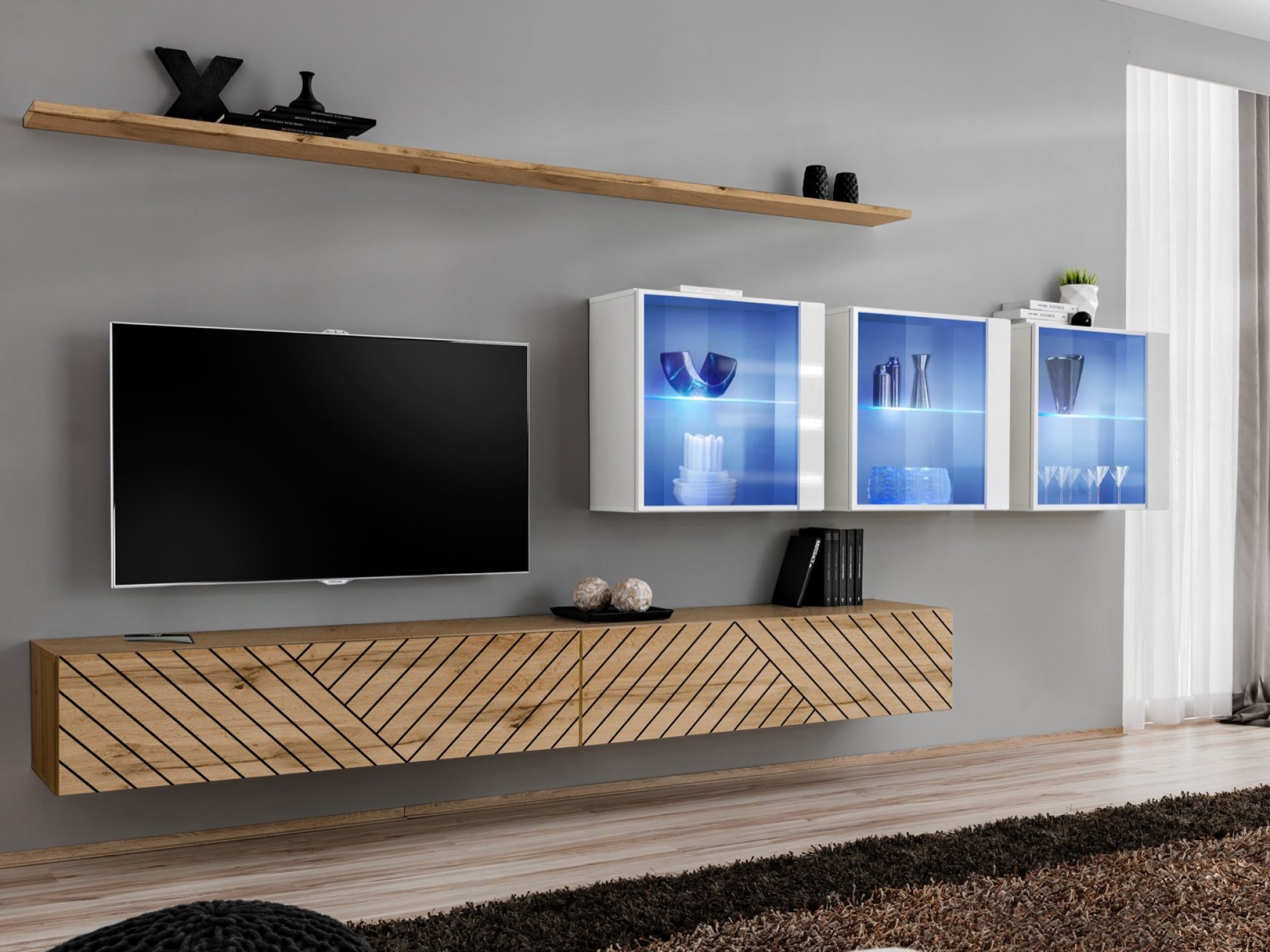 Wohnwand Kelmoro 340 cm mit Rillenfronten, 3 Vitrinen und 2 TV-Boards