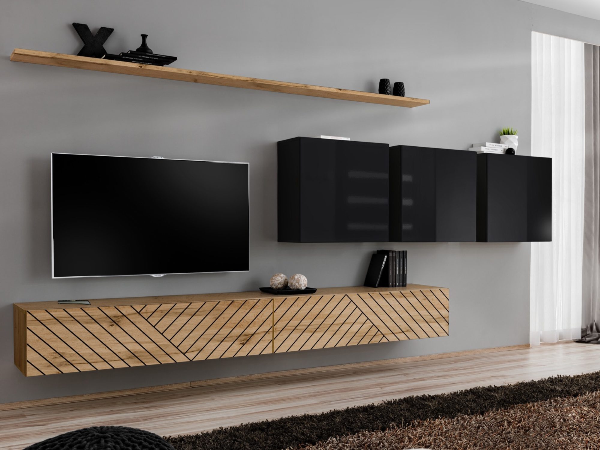 Wohnwand Kelmoro 340 cm mit geriffelten Fronten und 2 TV-Lowboards