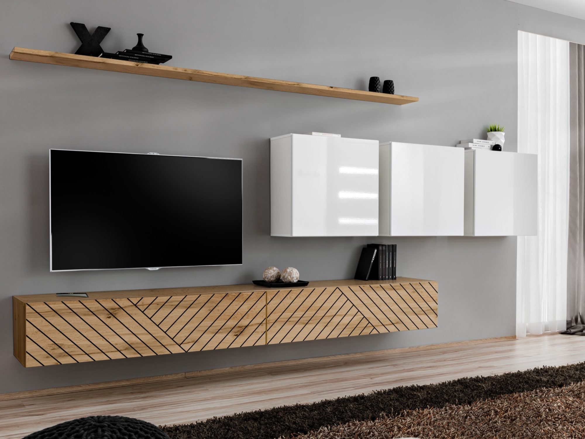 Wohnwand Kelmoro 340 cm mit geriffelten Fronten und 2 TV-Lowboards
