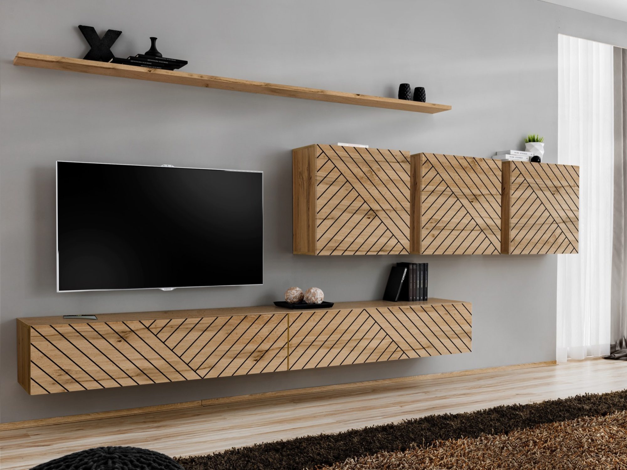 Wohnwand Kelmoro 340 cm mit Rillenfronten und 2 TV-Boards im Wohnzimmer-Ambiente