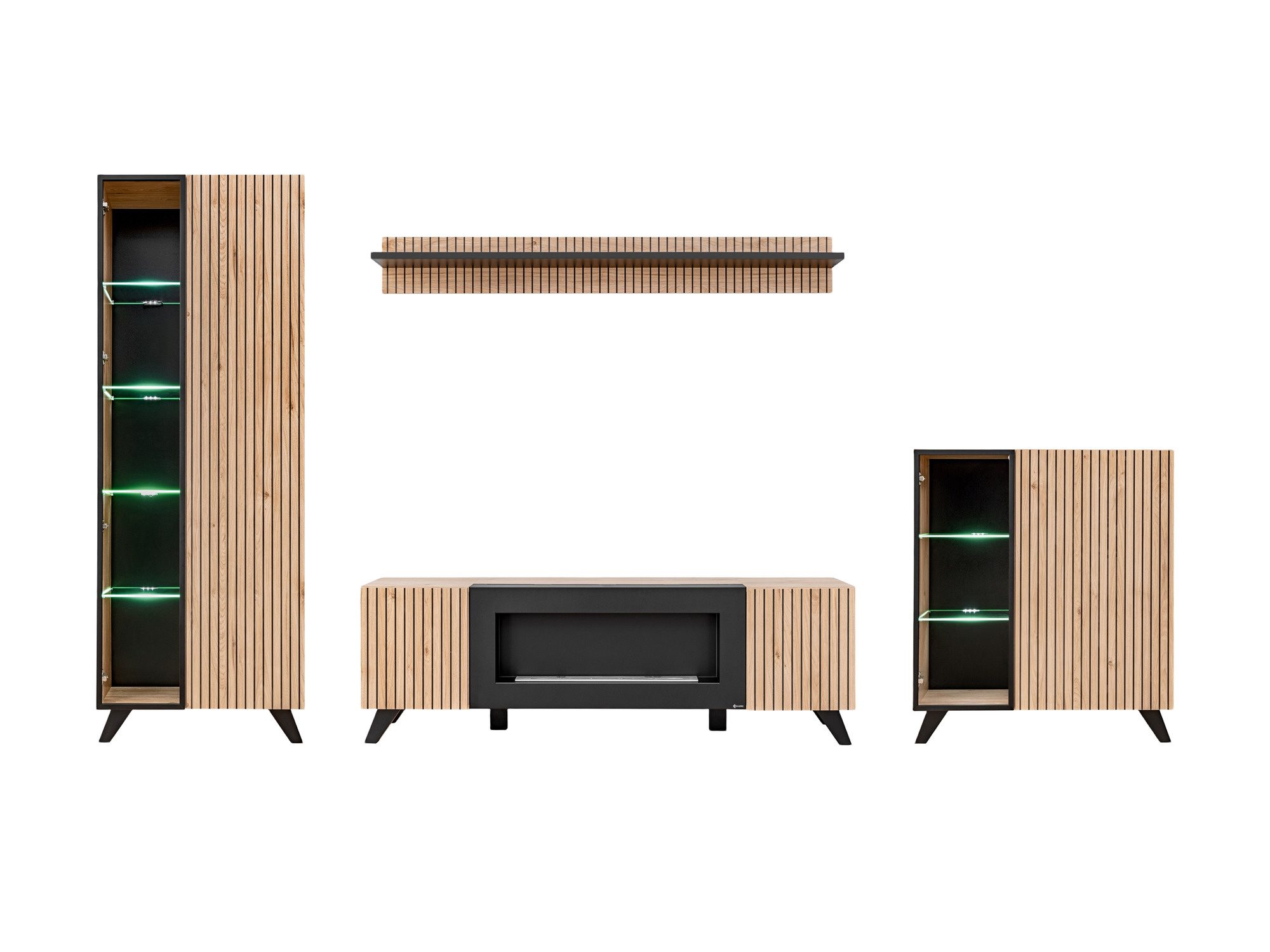 Wohnwand mit LED-Vitrinen und Biokamin Lioren 320 cm Hickory Jackson Schwarz