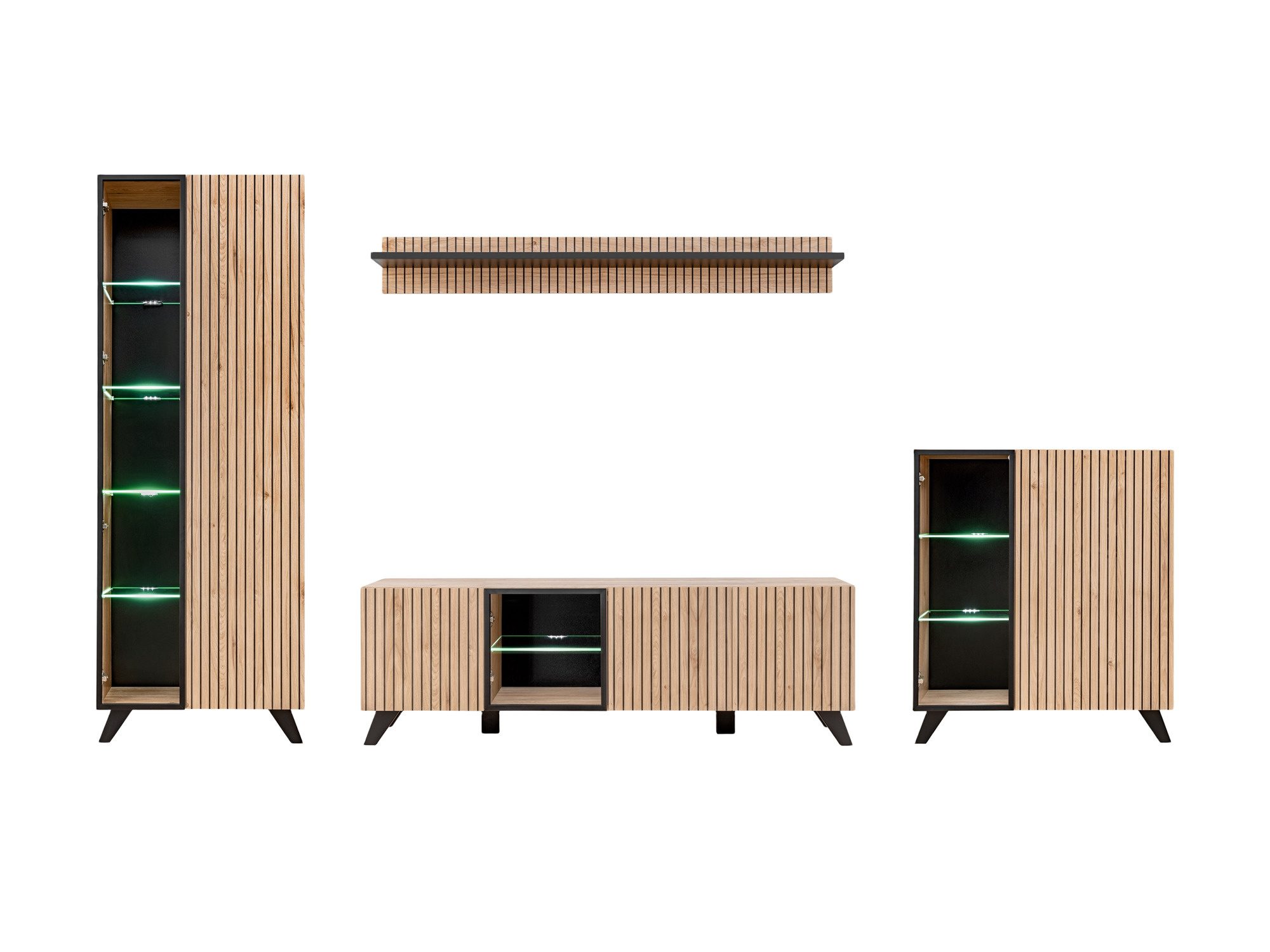 TV-Wohnwand mit LED-Vitrinen Lioren 320 cm Hickory Jackson Schwarz – Bild 2