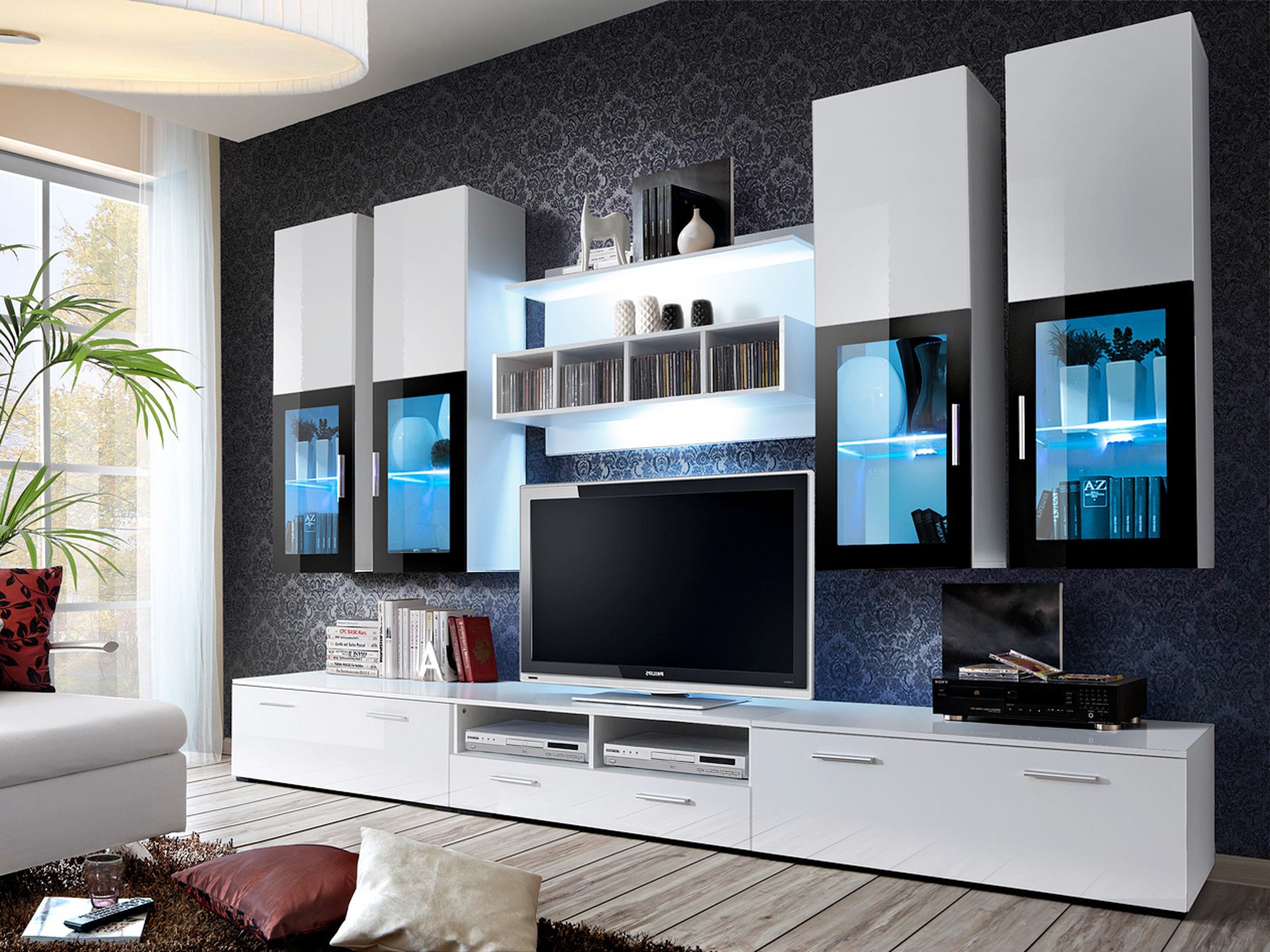 TV-Wohnwand Lyravo 300 cm mit LED-Vitrinen, Weiß und Schwarz Hochglanz