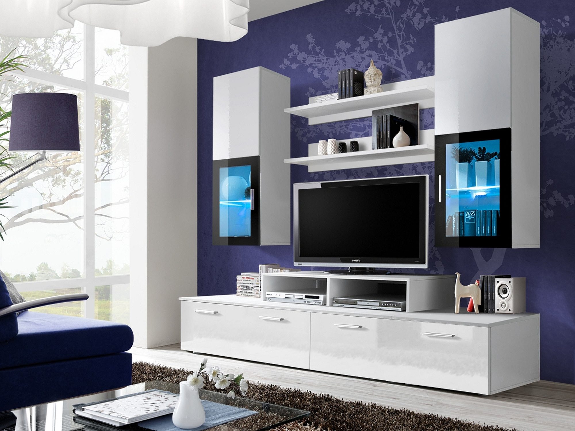 Wohnwand Minvaro 200 cm mit Aufsatz, Vitrinen und 2 TV-Lowboards im Wohnzimmer