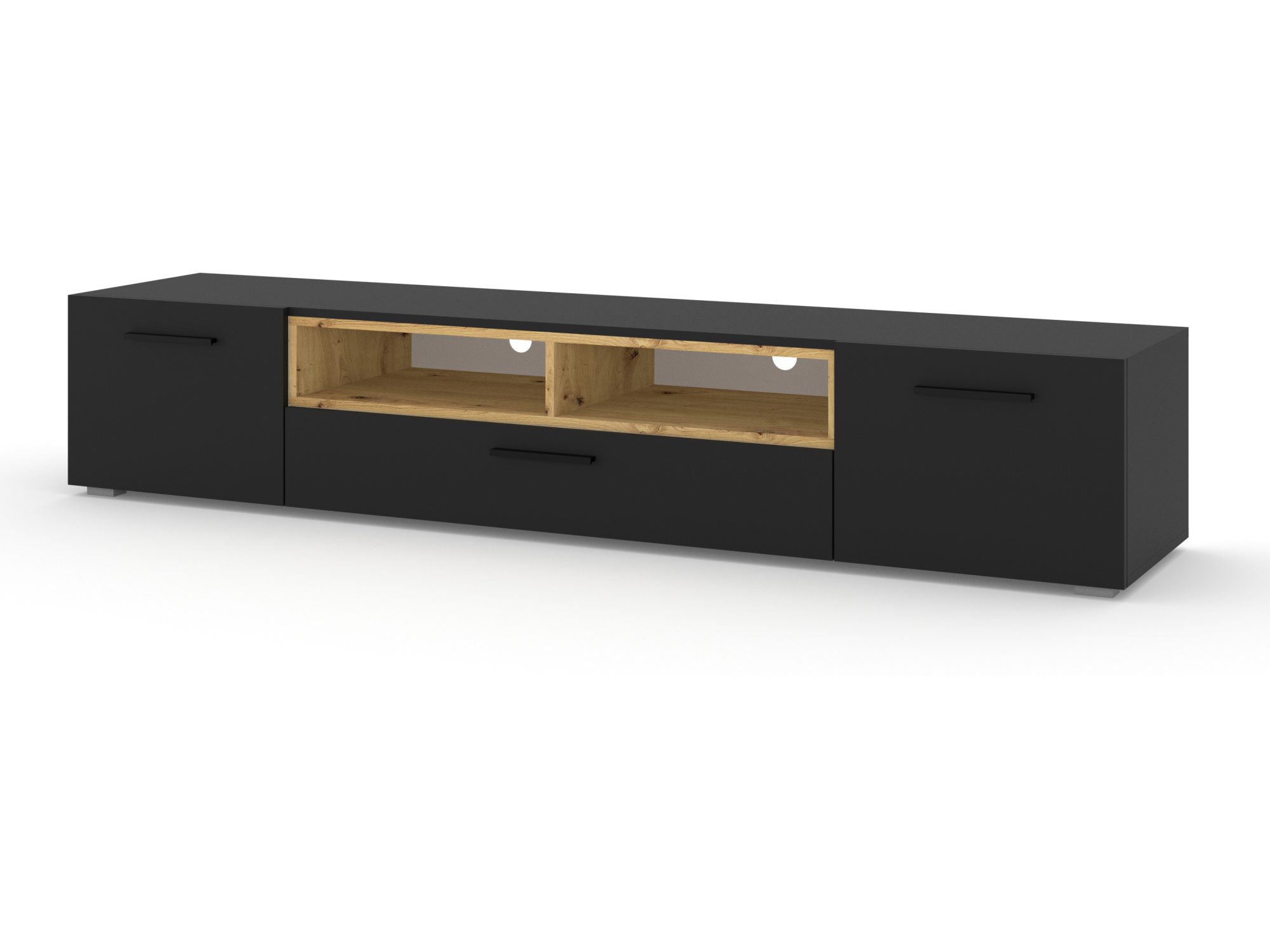 TV-Lowboard Nimet 198 cm vor weißem Hintergrund mit schwarzen Fronten und offenen Fächern