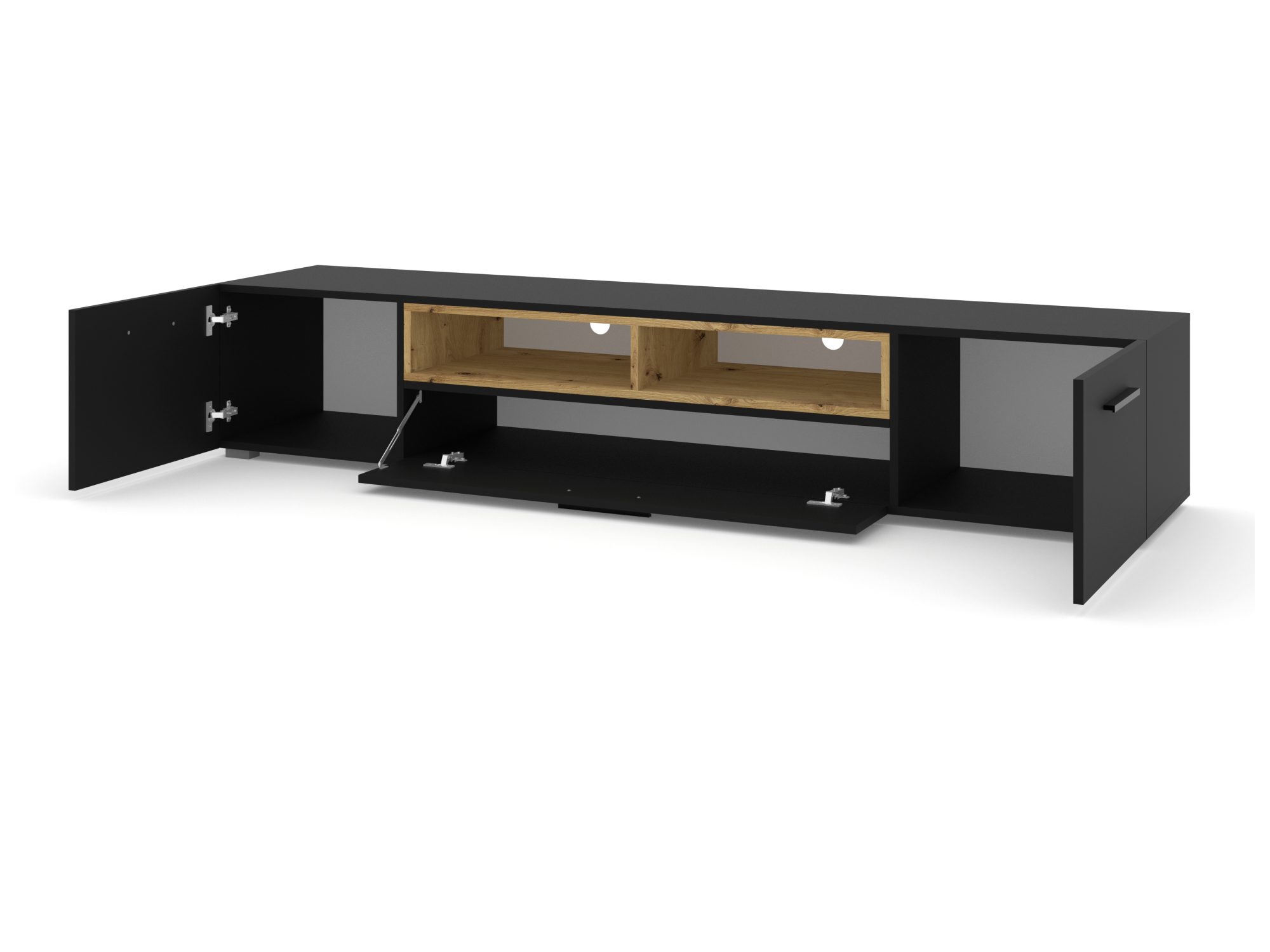 TV-Lowboard Nimet 198 cm mit geöffneten Seitentüren und mittlerem Fach