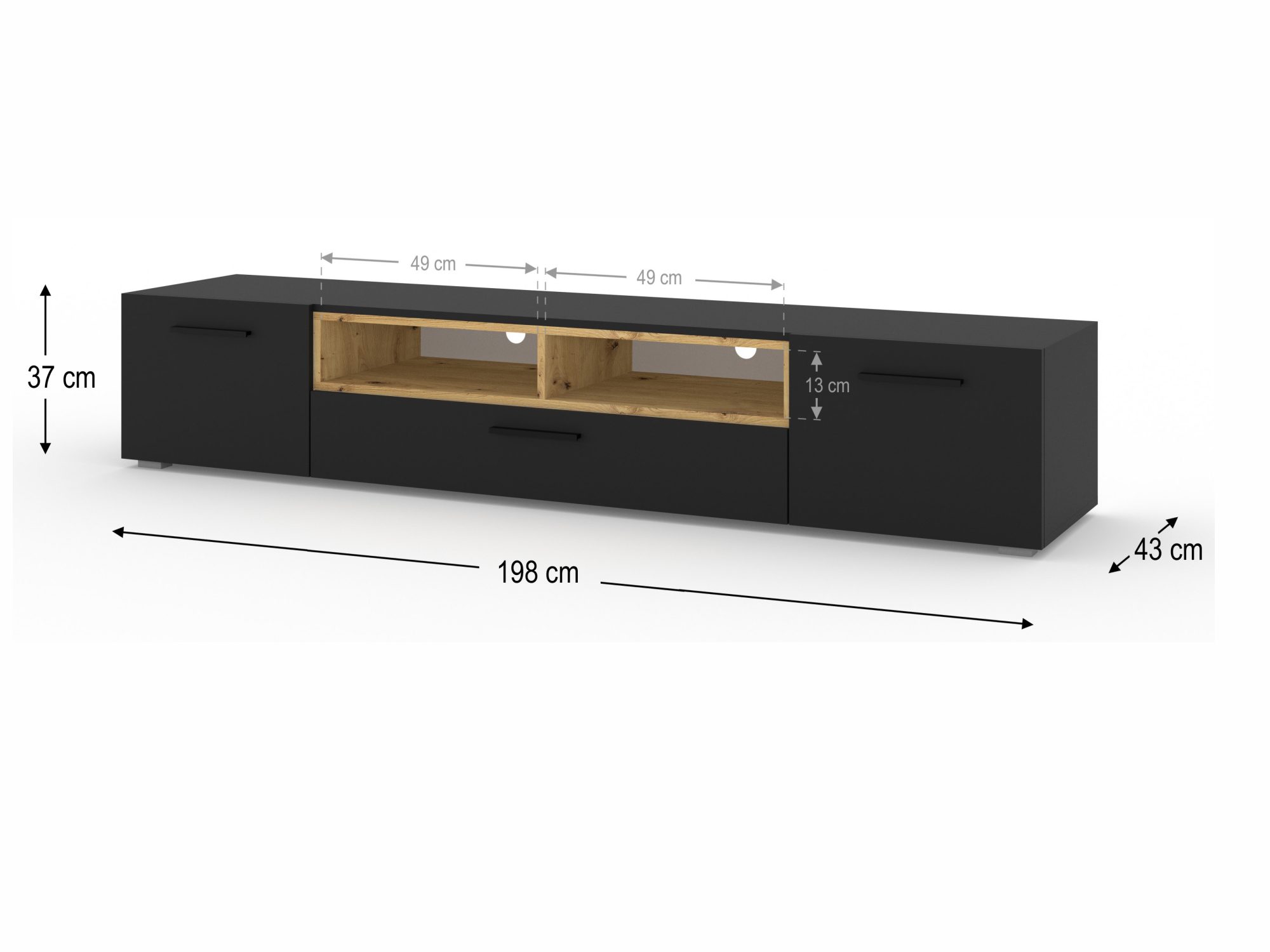 TV-Lowboard Nimet 198 cm – Bemaßung von Korpus und offenen Fächern