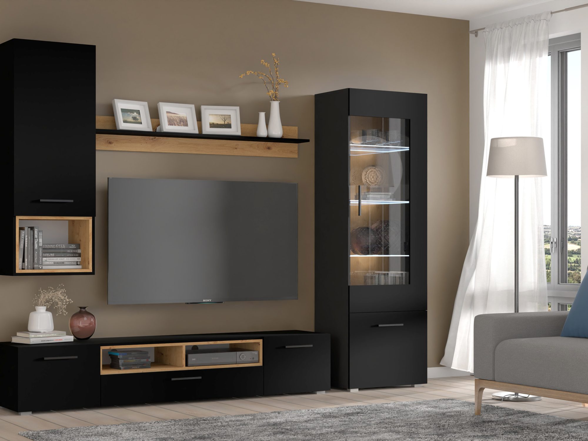 Wohnwand Nimet D 198 cm mit Vitrine in Schwarz Matt und Artisan Eiche