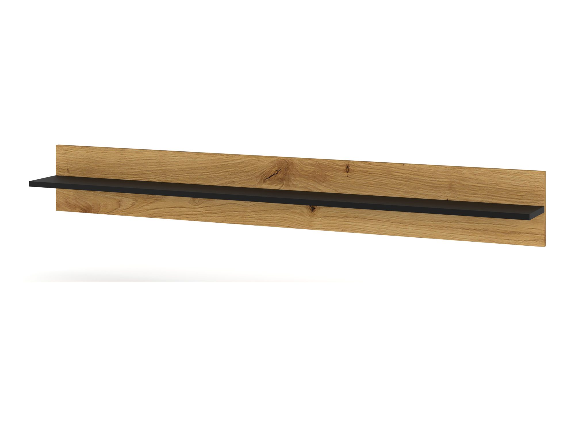 Wandregal Nimet 151 cm vor weißem Hintergrund, schwarzer Regalboden und Paneel in Artisan Eiche