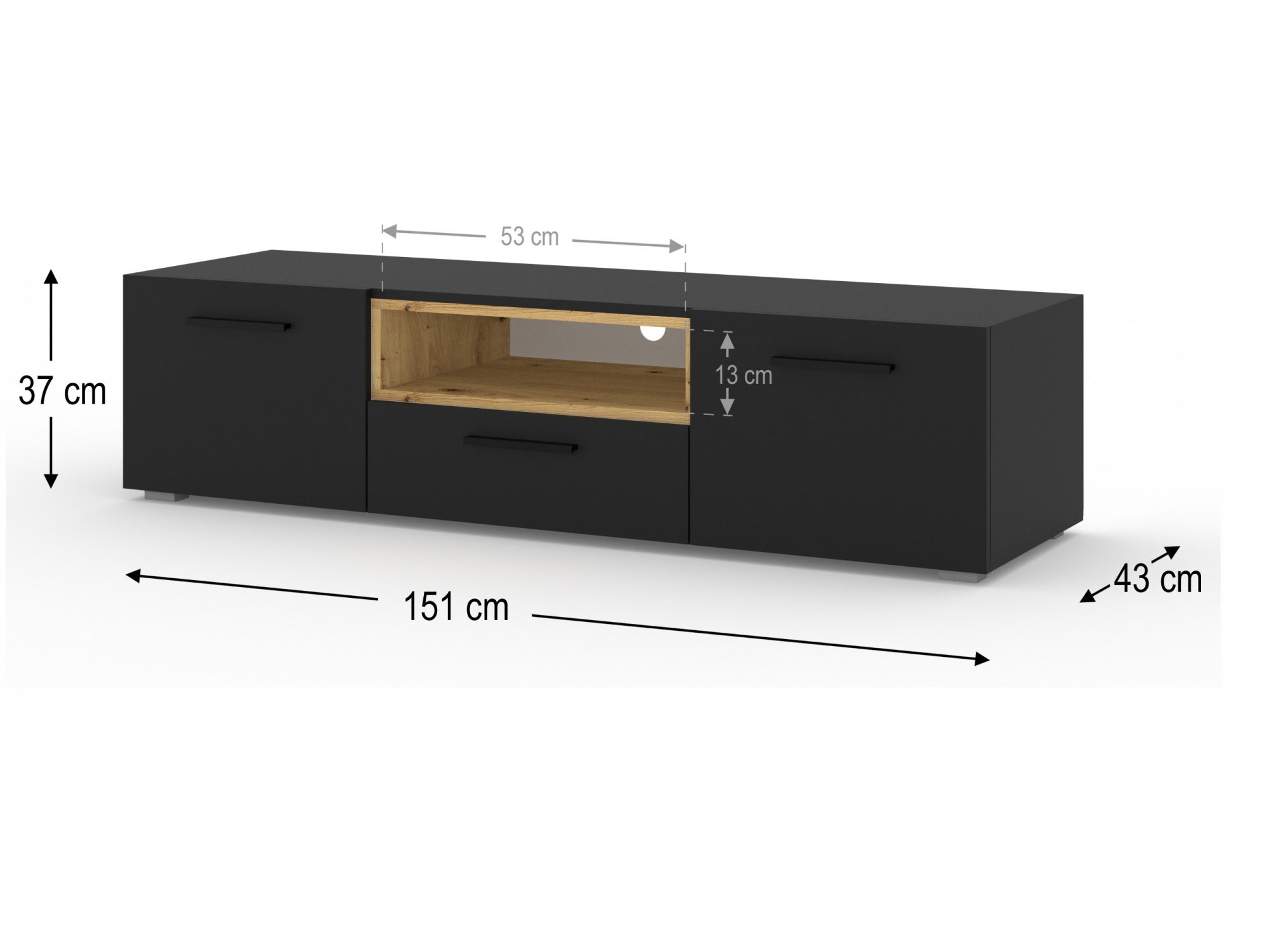 Rysunek wymiarów szafki RTV Nimet 151 na 43 na 37 cm