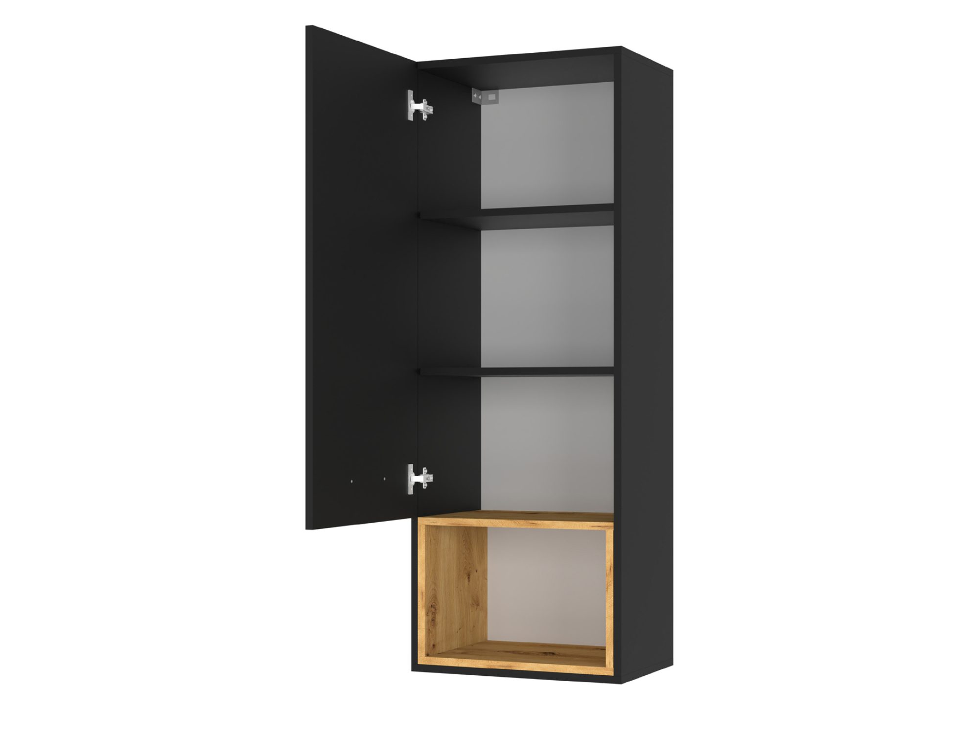 Hängeschrank Nimet 47 cm – geöffnete Front, Einlegeböden und Fach