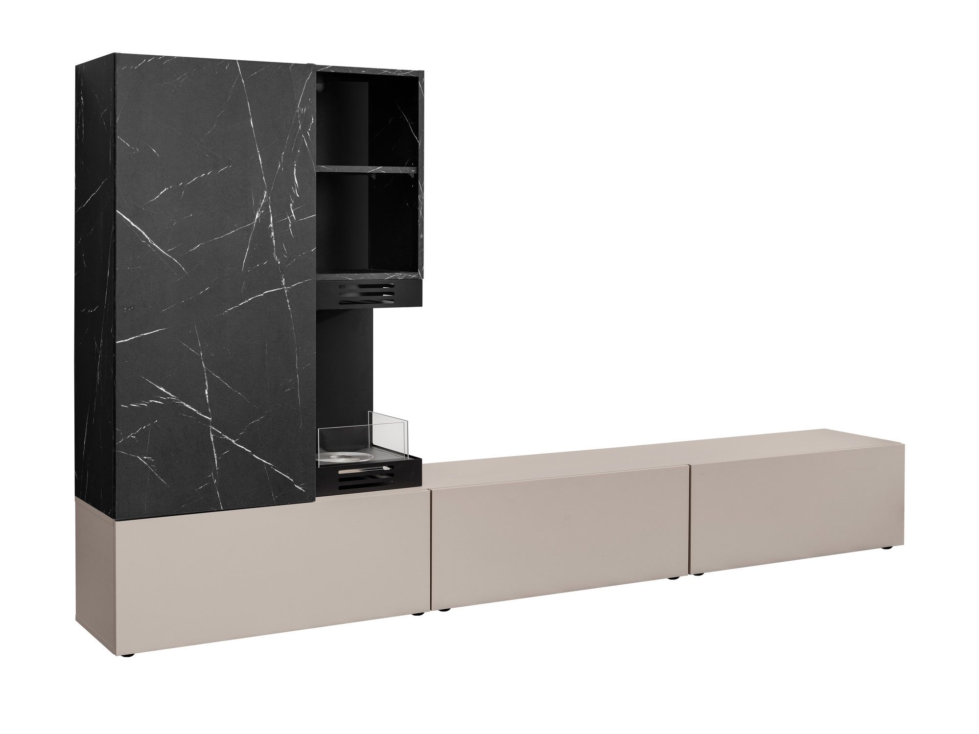 TV-Wohnwand mit Biokamin Orvella 270 cm Grau Marmor Schwarz – Bild 2