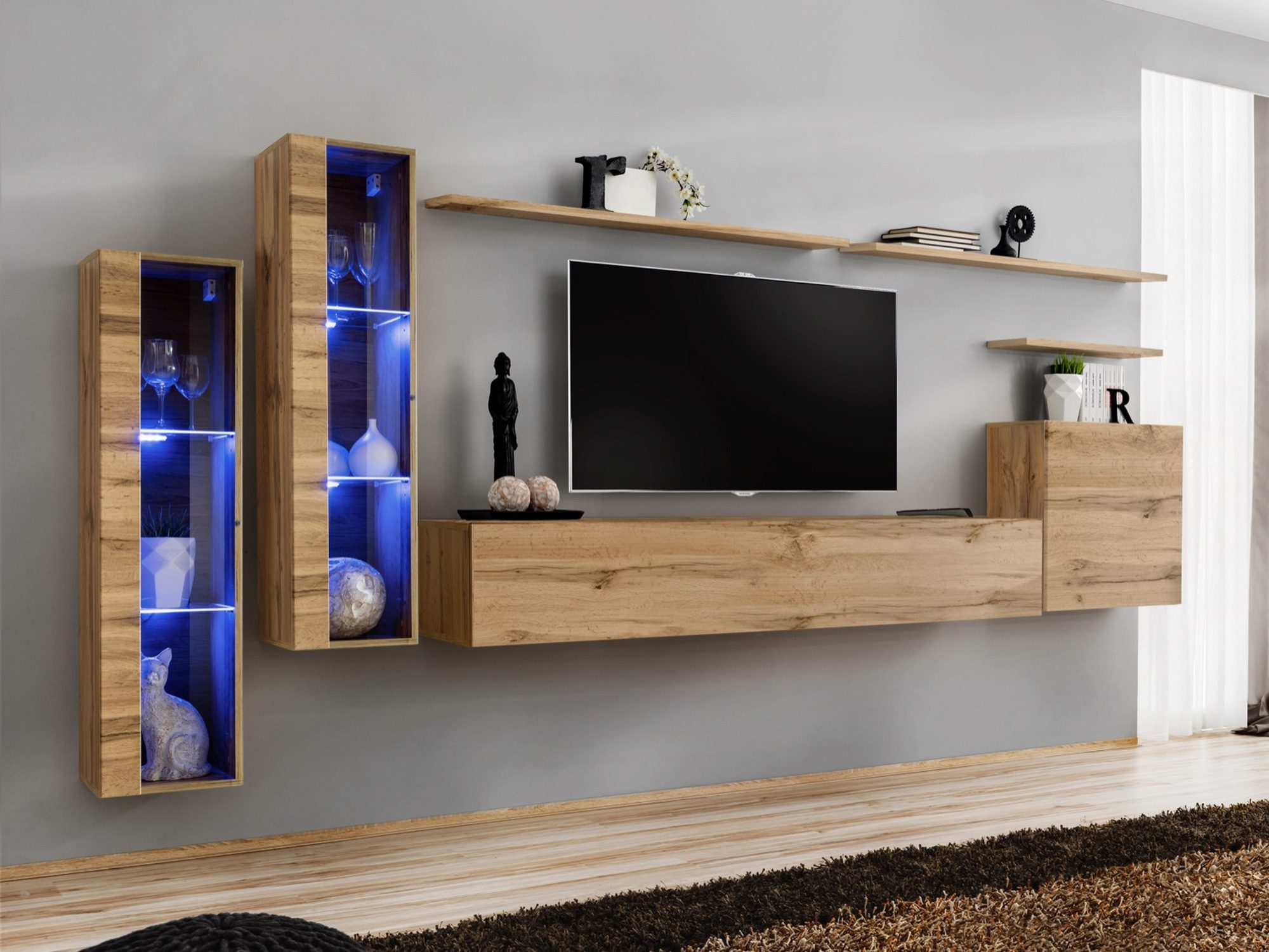 Obývací stěna Kelmoro 330 cm s LED osvětlením v dekoru wotan