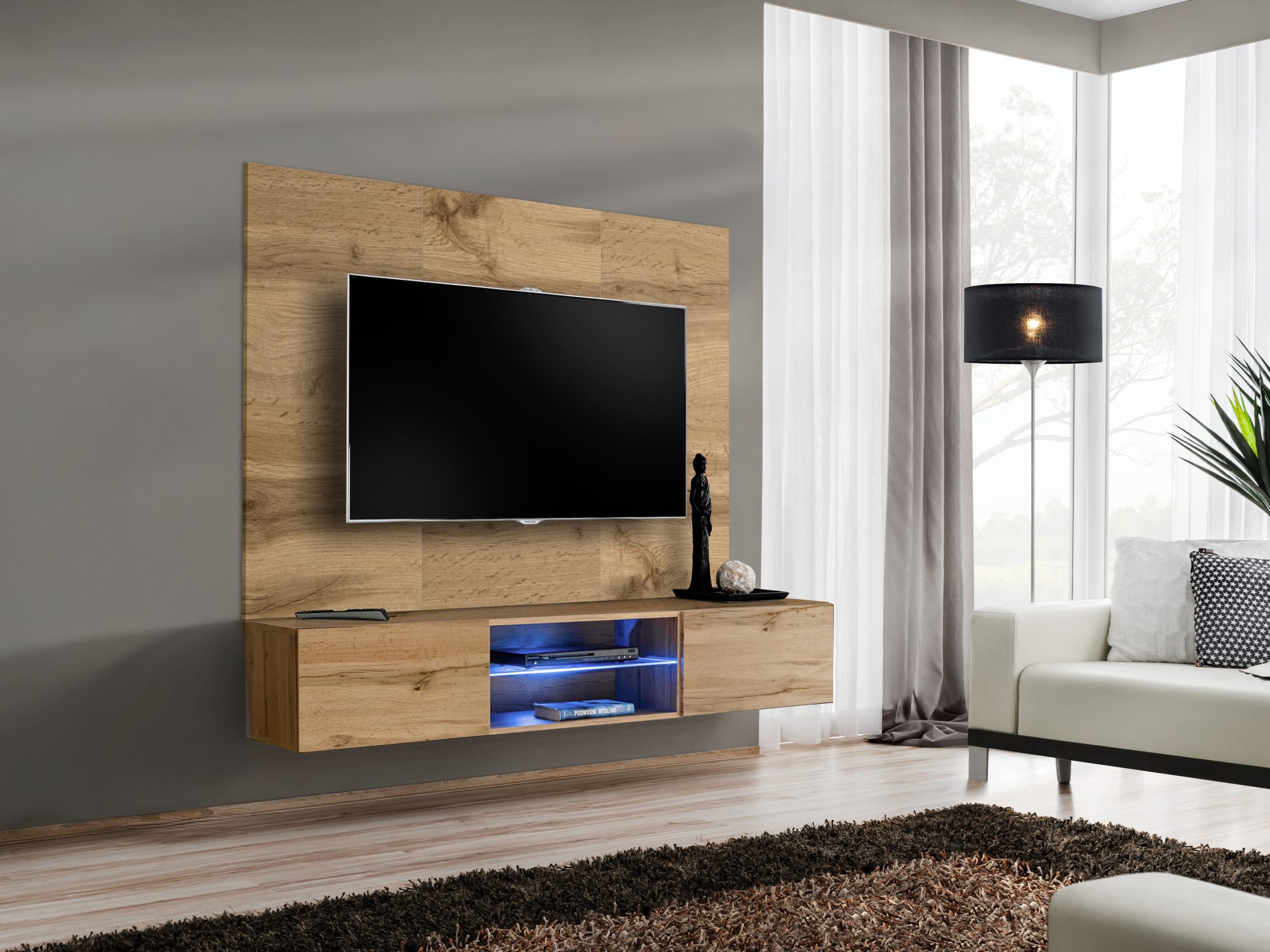 TV-Wohnwand Kelmoro 180 cm mit Wandpaneel und LED-Regal im Wohnzimmer