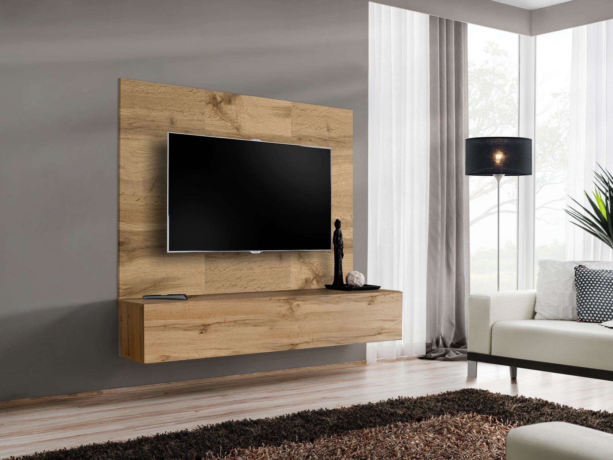 TV-Wohnwand Kelmoro 180 cm mit Wandpaneel und Klappenschrank im Wohnzimmer