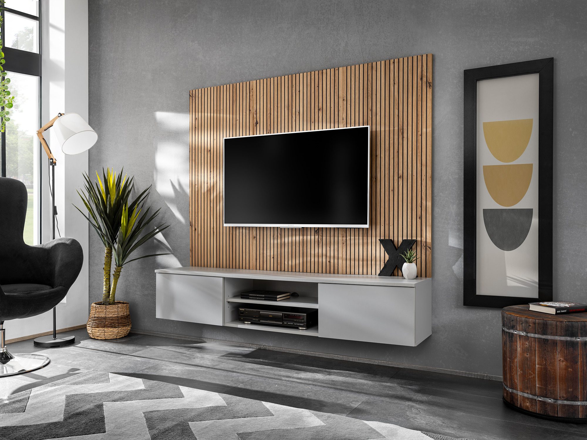 TV-Wohnwand Xarivo 160 cm mit Lamellenpaneel – Weißer TV-Schrank mit Schubladen