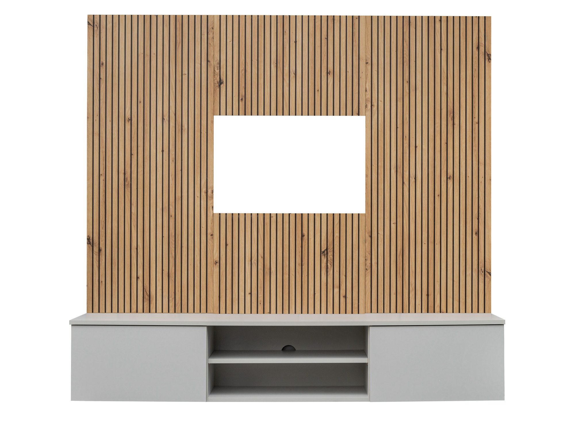 TV-Wohnwand Xarivo 160 cm mit Lamellenpaneel – Grauer TV-Schrank mit Holzwand