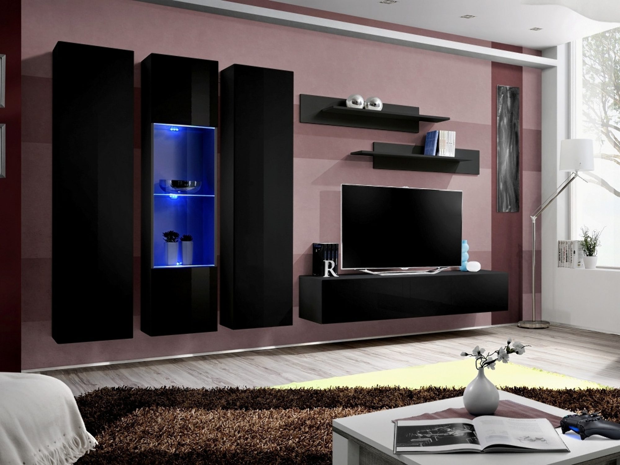 TV-Wohnwand Flavero 310 cm mit 2 Schränken und LED-Glasvitrine