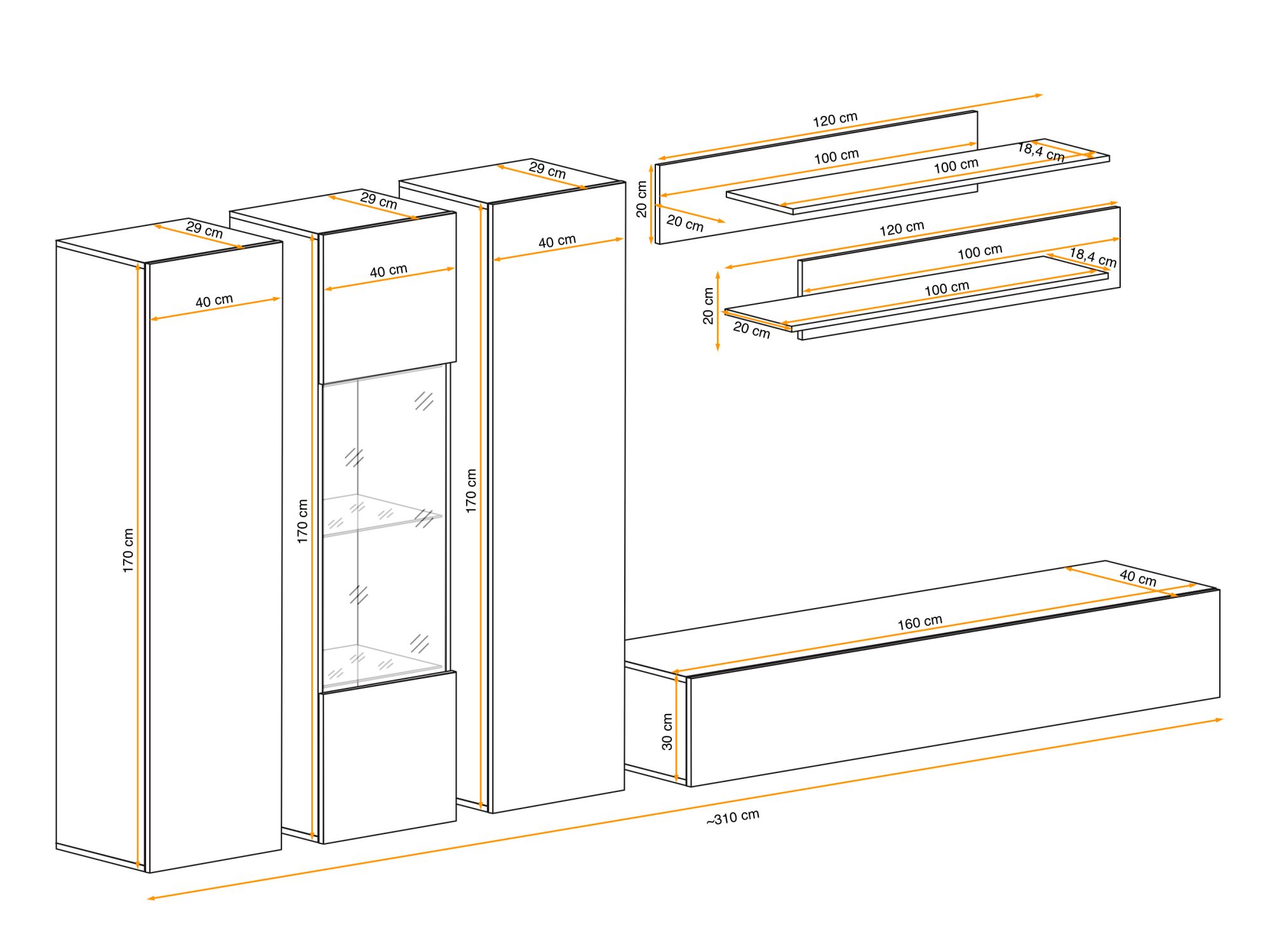 TV-Wohnwand Flavero 310 cm mit 2 Schränken und LED-Glasvitrine – Maßzeichnung, Ansicht 2