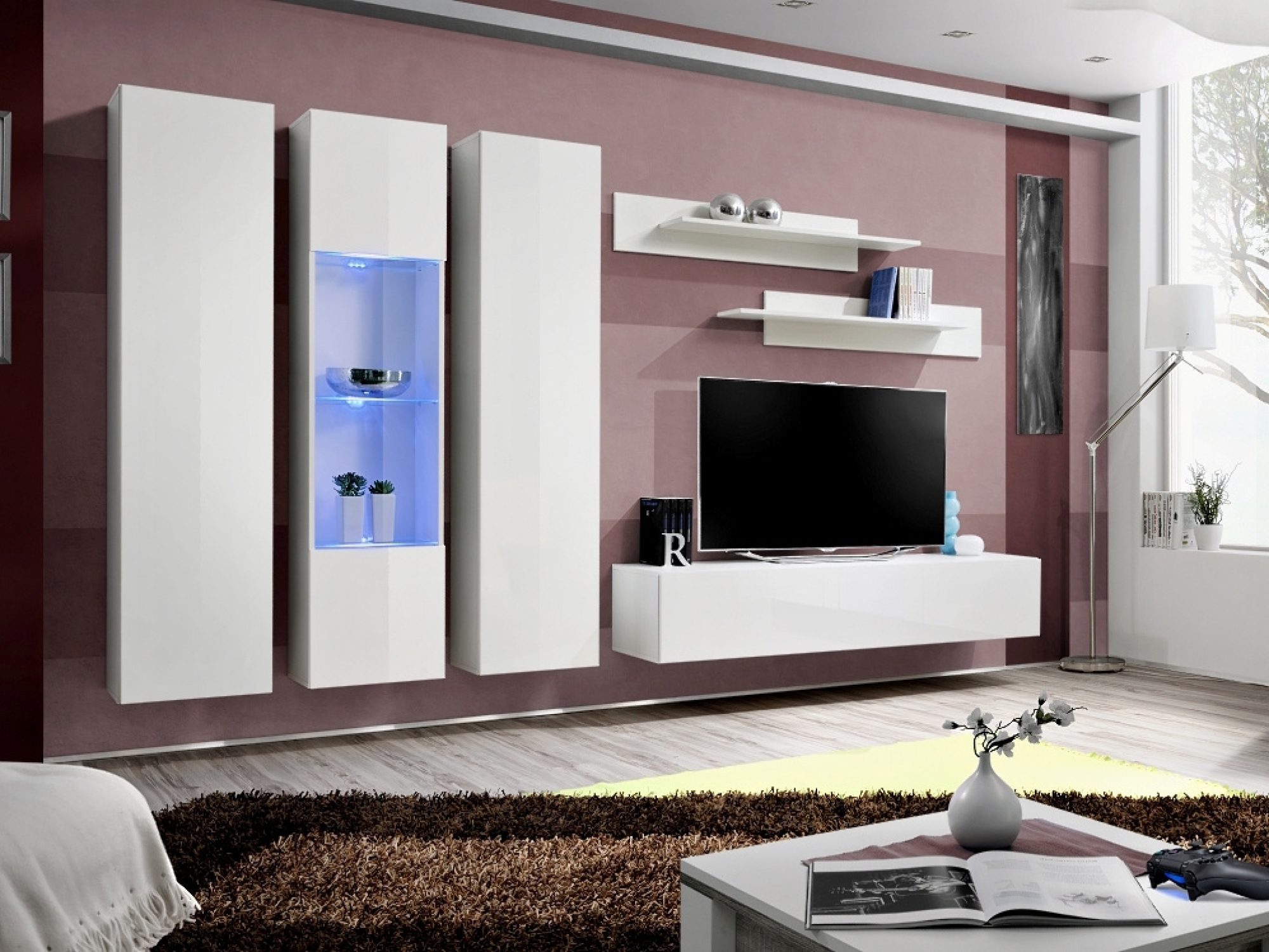TV-Wohnwand Flavero 310 cm mit 2 Schränken und LED-Glasvitrine im Wohnzimmer