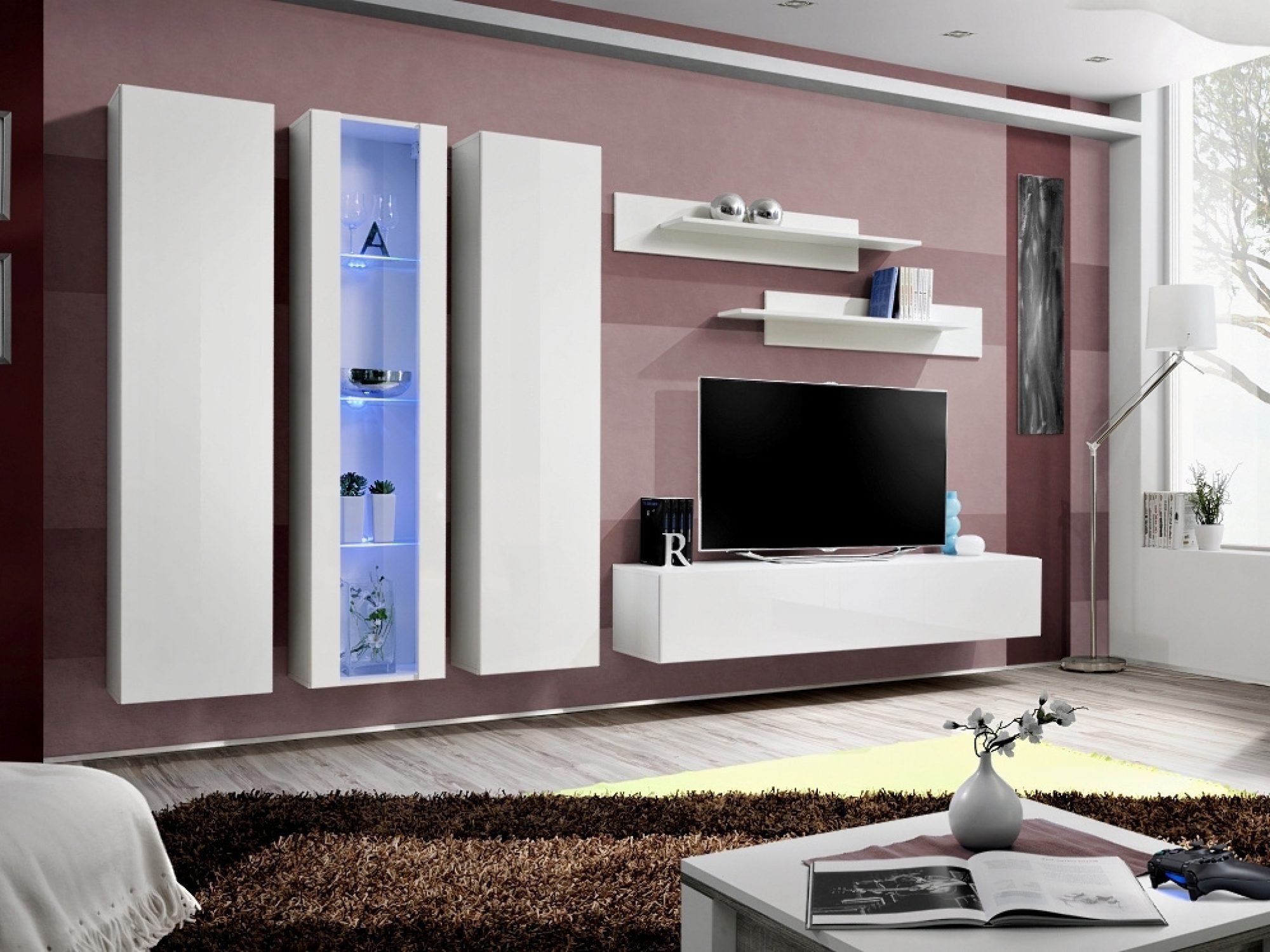 Obývací stěna RTV se 2 skříňkami a LED vitrínou Flavero 310 cm v interiéru obývacího pokoje