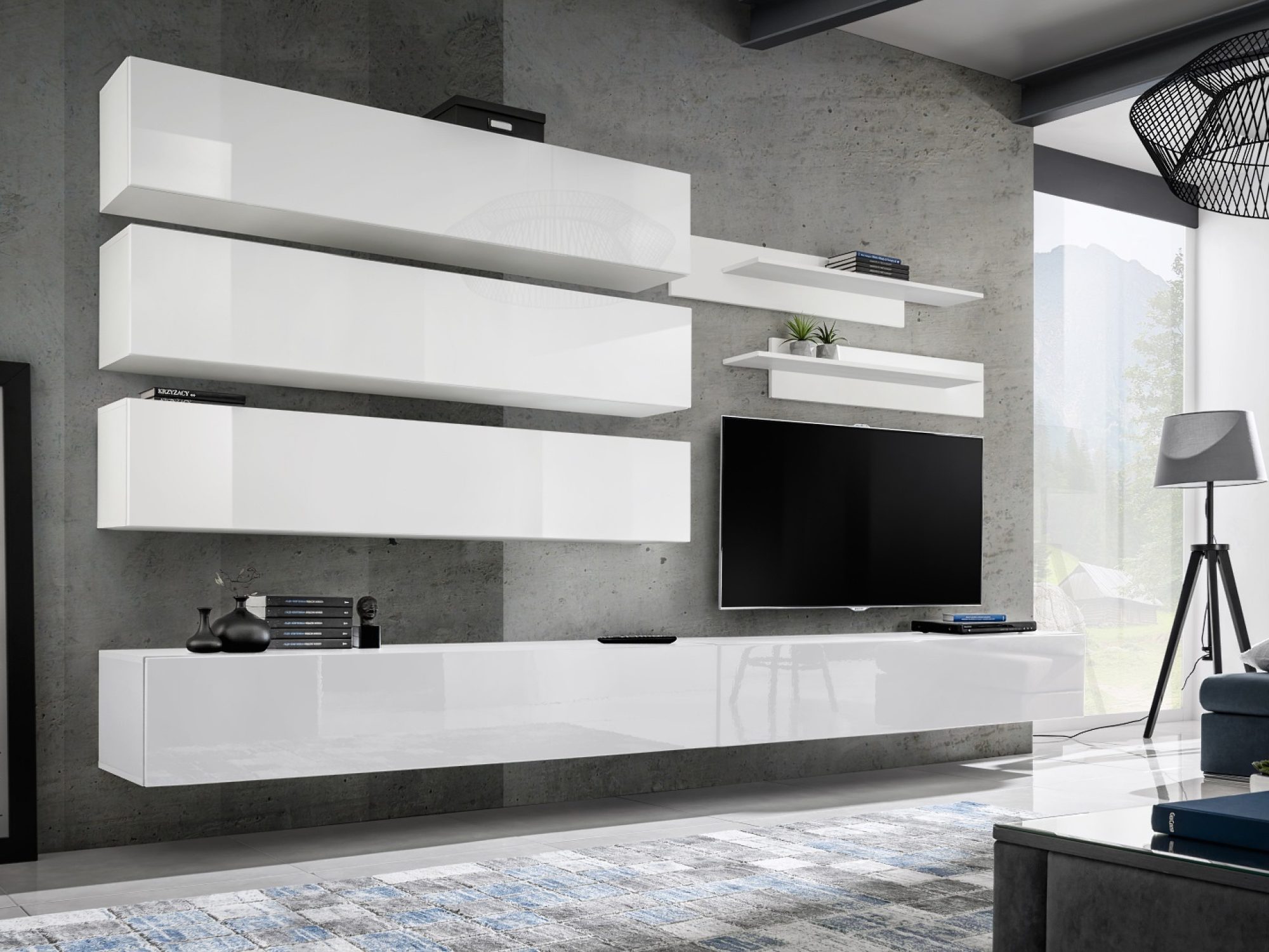 TV-Wohnwand Flavero 320 cm mit 2 TV-Lowboards und 3 Klappschränken im Wohnzimmer