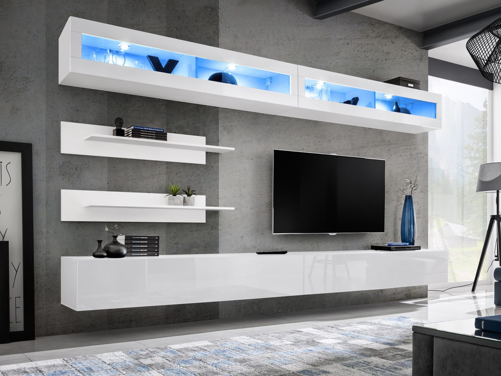 Obývací stěna Flavero 320 cm, bílá / bílý lesk, 2 vitríny, LED