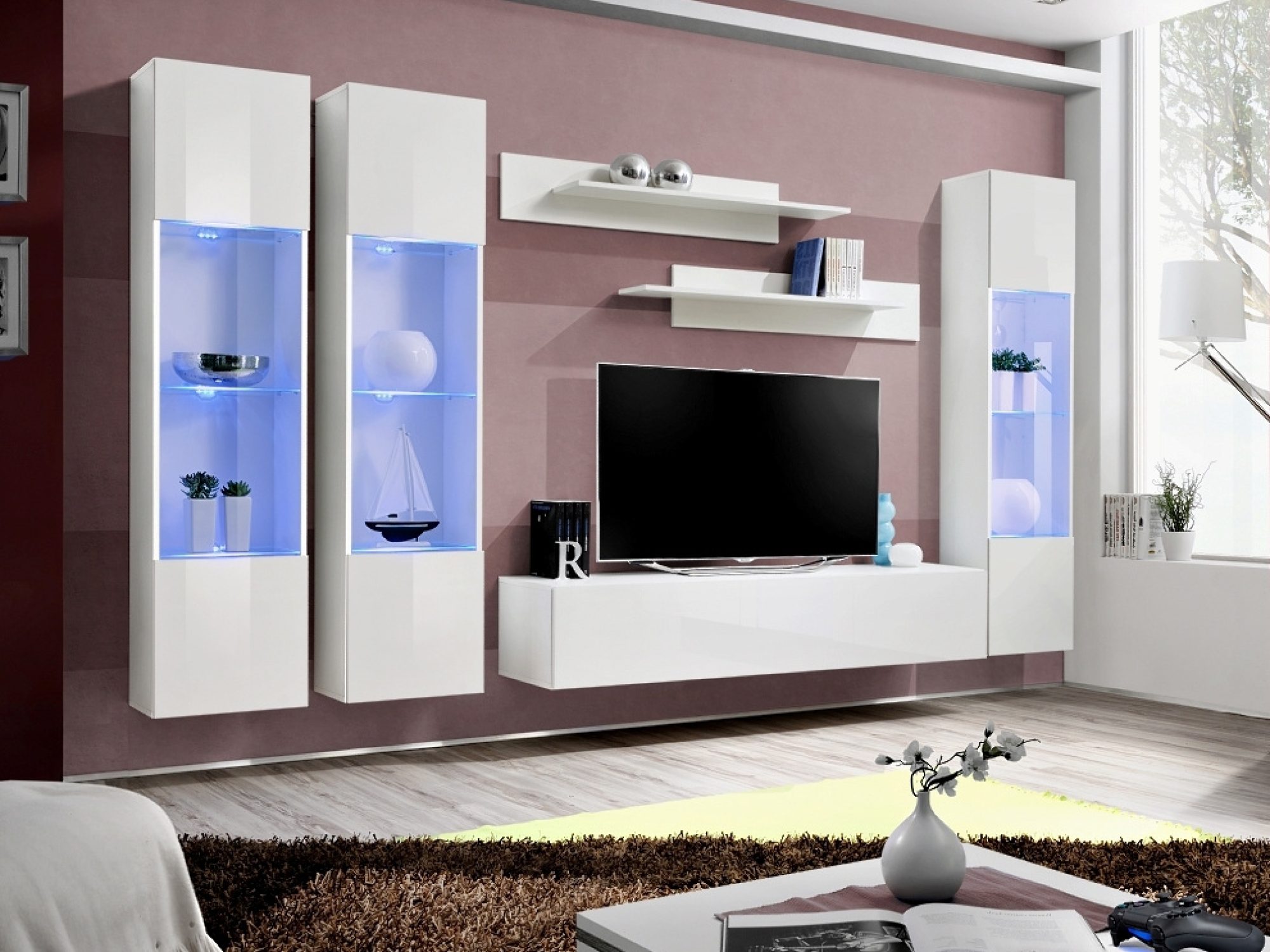 TV-Wohnwand Flavero 310 cm mit 3 LED-Glasvitrinen im Wohnzimmer