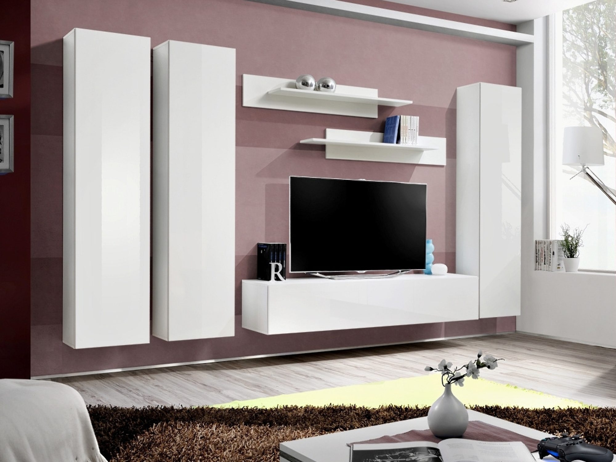 TV-Wohnwand mit 3 Vitrinen Flavero 310 cm im Wohnzimmer-Ambiente