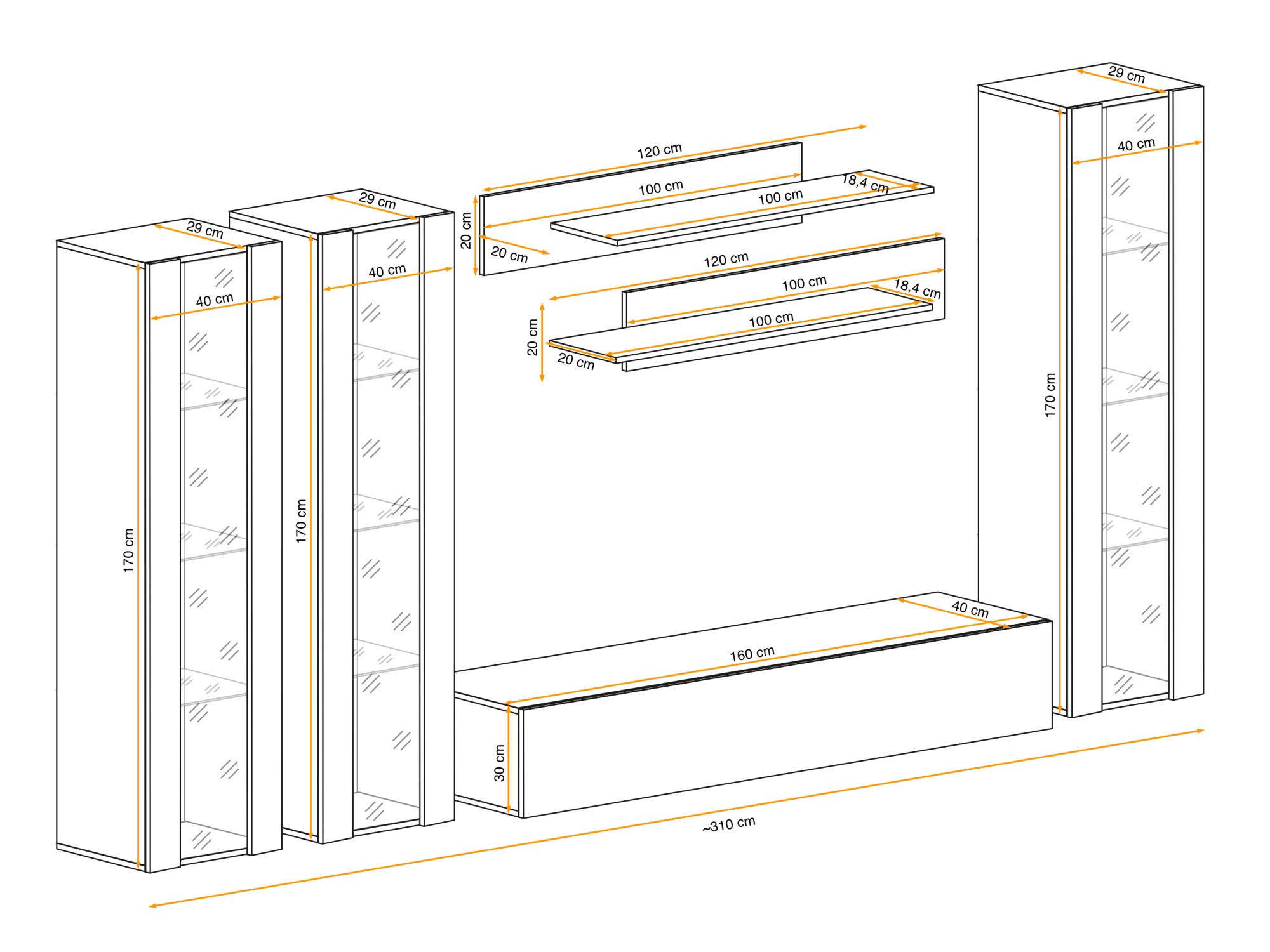 TV-Wohnwand Flavero 310 cm mit 3 LED-Vitrinen – Maßskizze, Ansicht 2