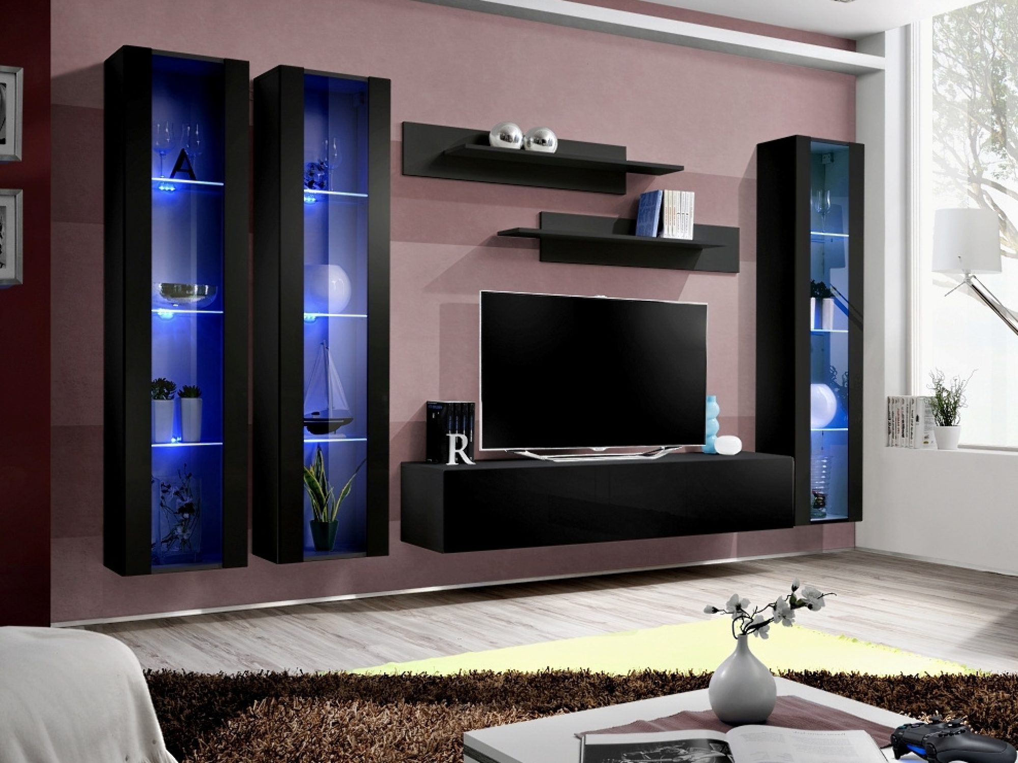 TV-Wohnwand Flavero 310 cm mit 3 LED-Vitrinen