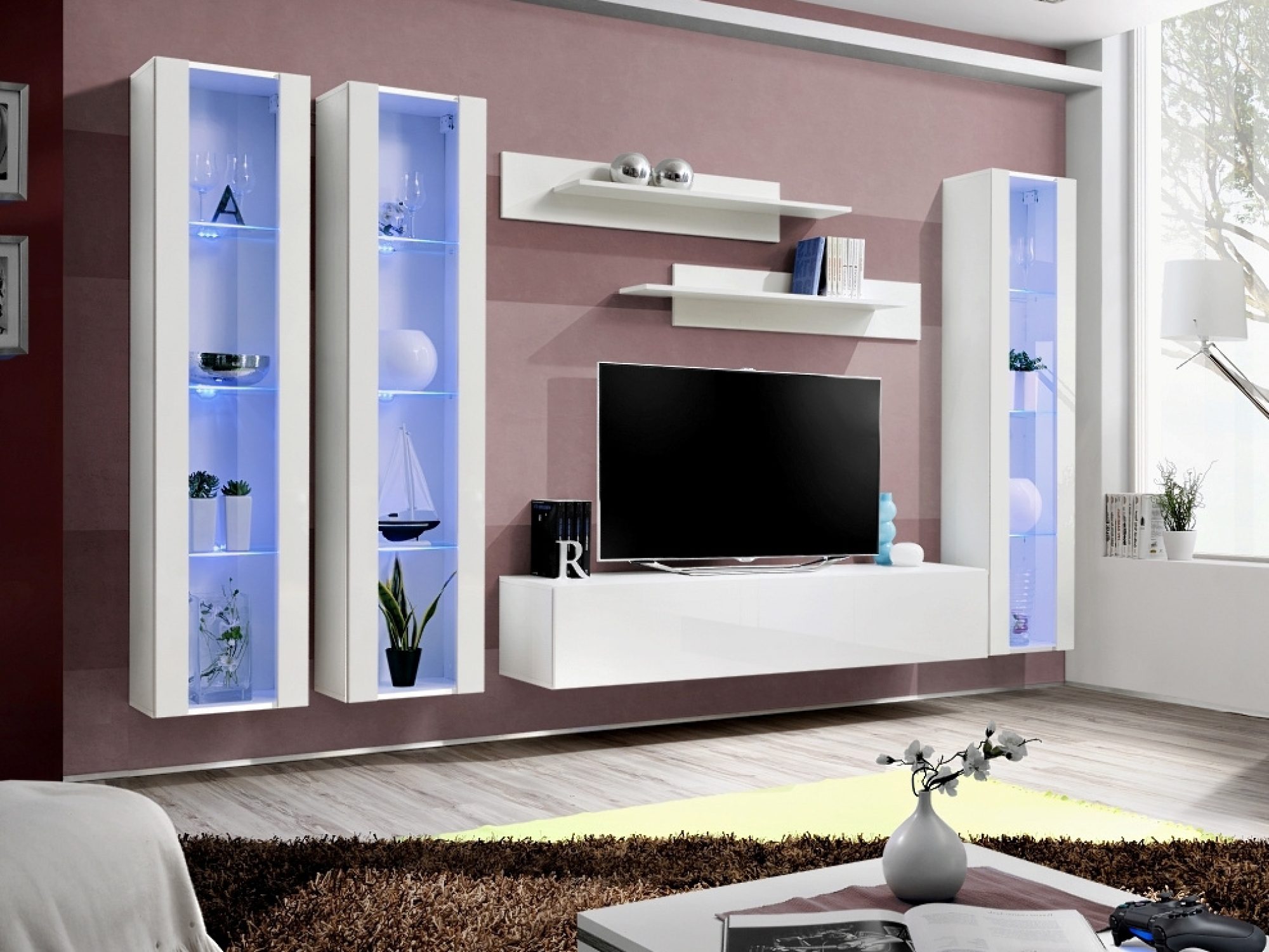 TV-Wohnwand Flavero 310 cm mit 3 LED-Vitrinen im Wohnzimmer