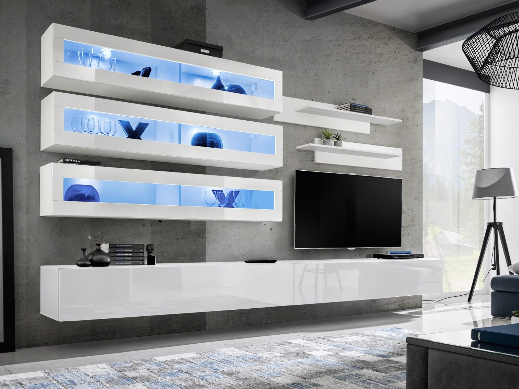 TV-Wohnwand Flavero J2 320 cm Weiß Hochglanz mit 3 LED-Vitrinen