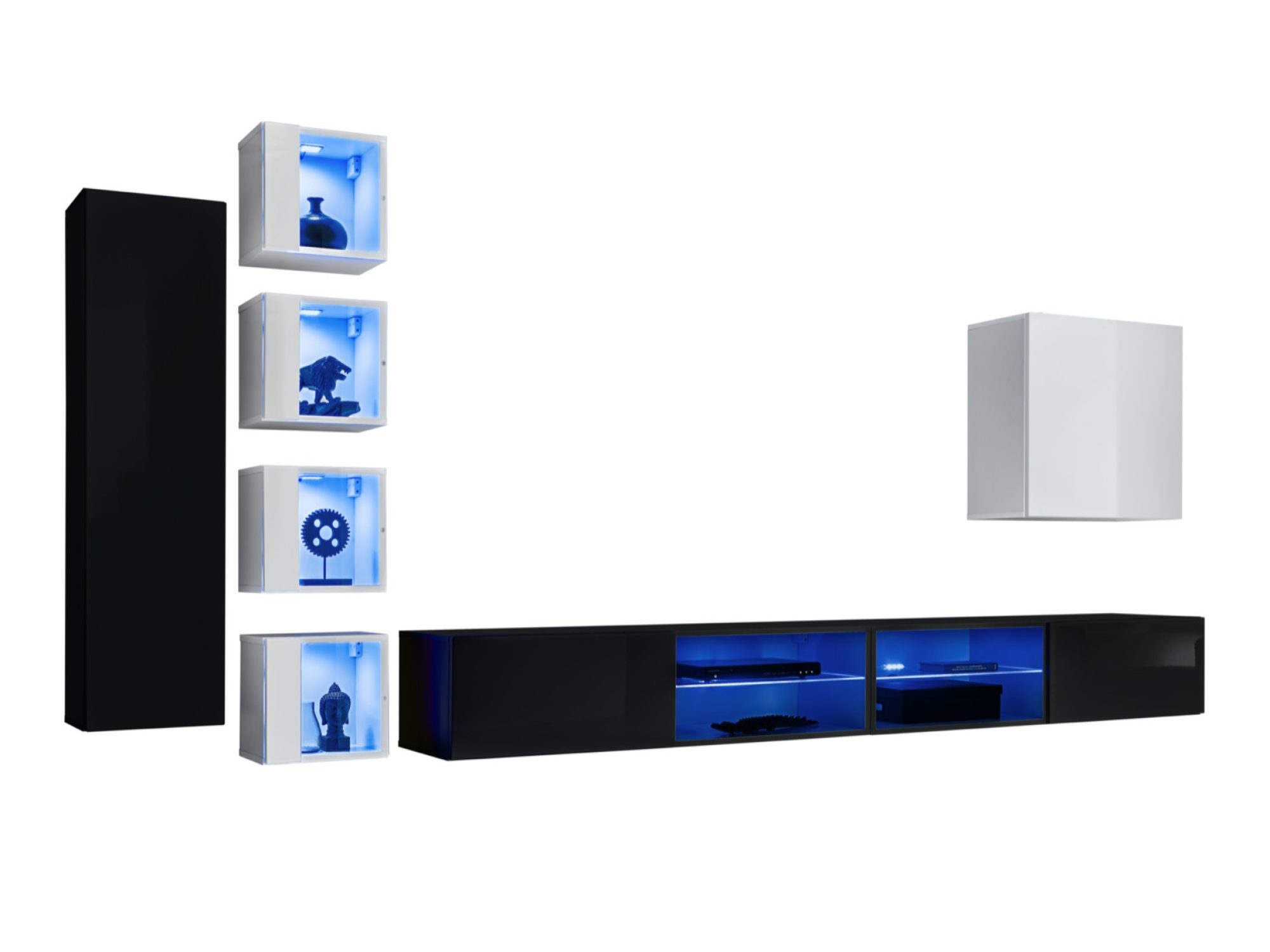 Wohnwand Kelmoro 320 cm mit 4 LED-Vitrinen und 2 Schränken