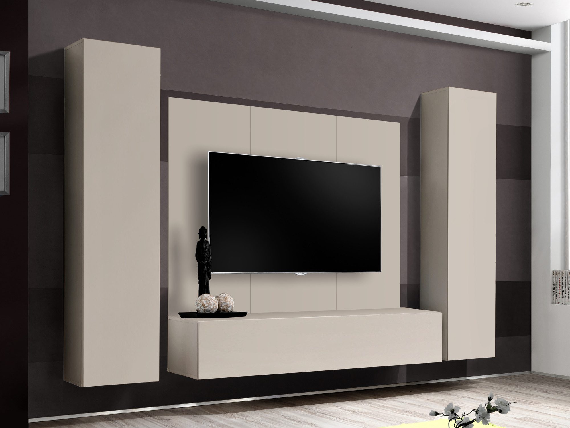 Televizní stěna Flavero 240 cm kašmír s panelem a 2 skříňkami