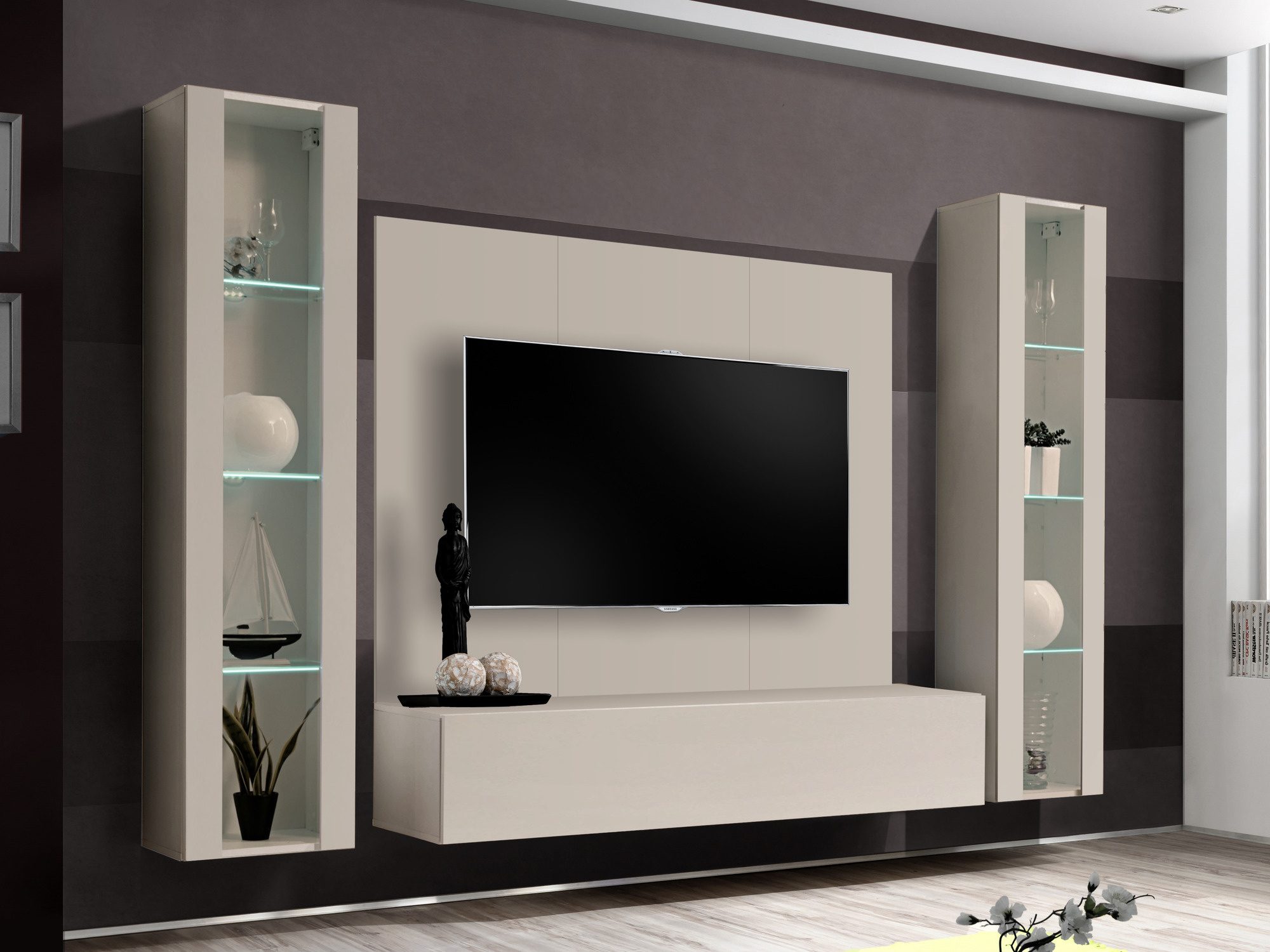 Obývací stěna RTV Flavero 240 cm s panelem a 2 LED vitrínami