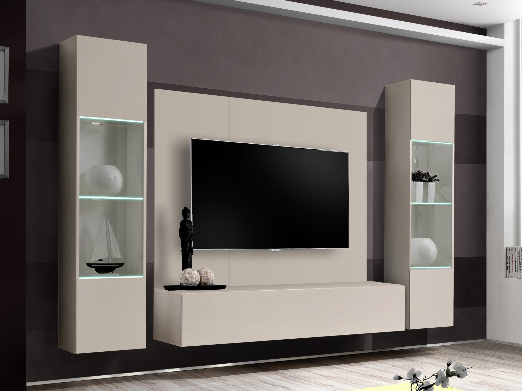 Obývací stěna Flavero 240 cm v barvě kašmír s panelem, vitrínami a LED osvětlením