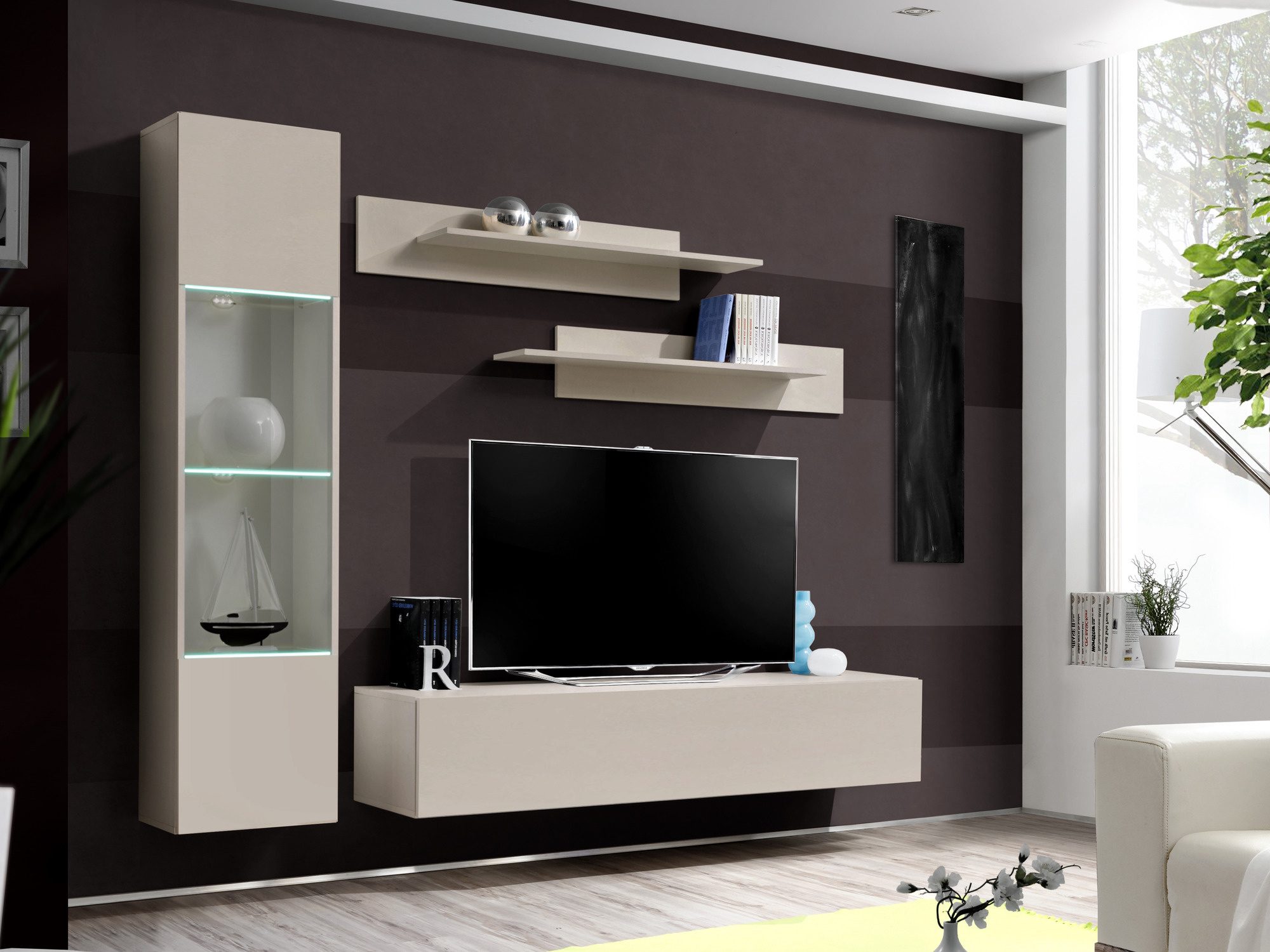 Obývací stěna Flavero 200 cm kašmír, vitrína s LED osvětlením