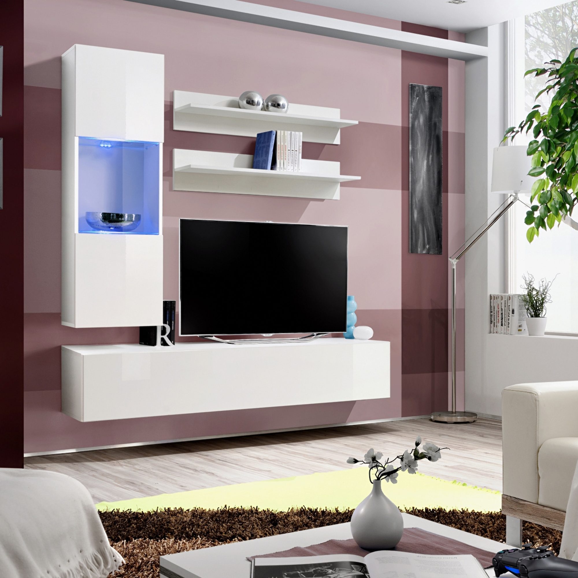 TV-Wohnwand Flavero 160 cm mit LED-Glasvitrine im Wohnzimmer-Arrangement