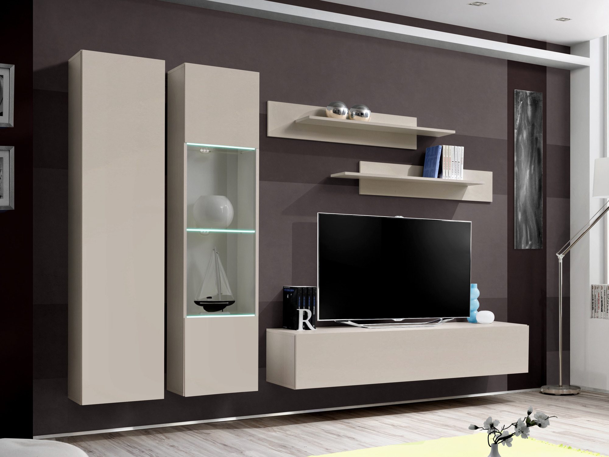 Obývací TV stěna Flavero 240 cm v odstínu kašmír se skříňkou a LED vitrínou