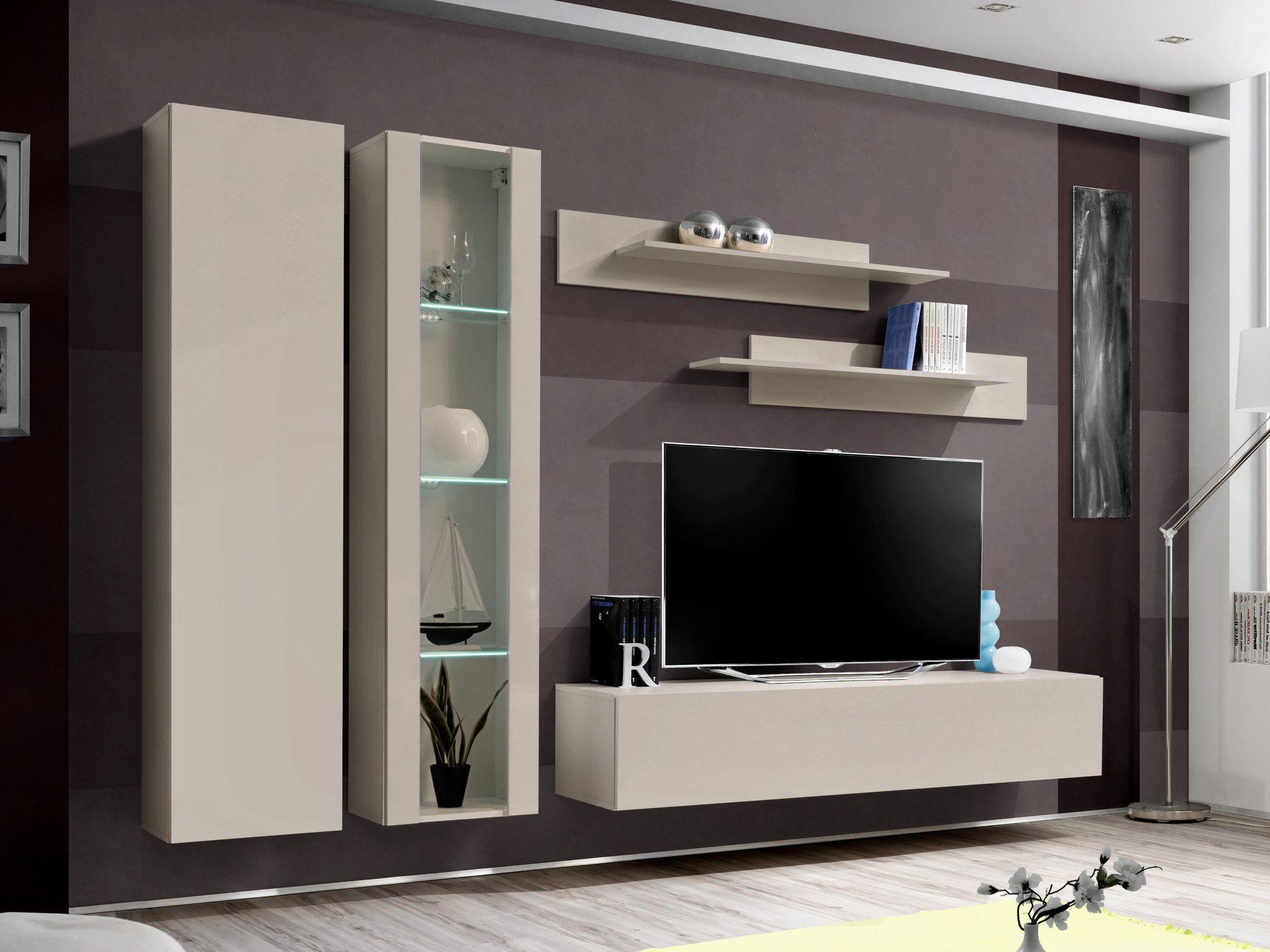 TV obývací stěna Flavero 260 cm kašmír se skříňkou a LED vitrínou