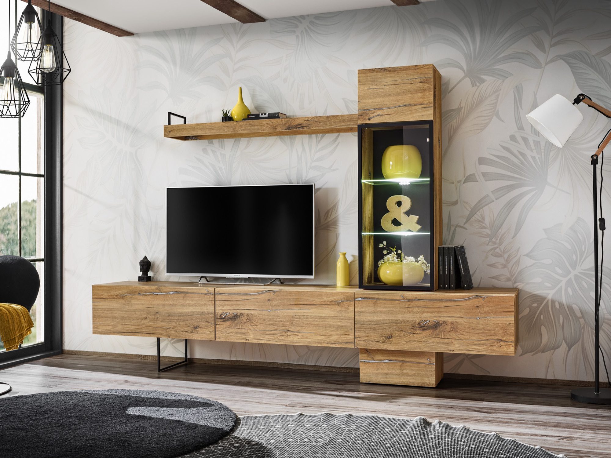 Obývací stěna s vitrínou a policí Riselio 240 cm dub Flagstaff – TV stolek s LED a prosklenou vitrínou