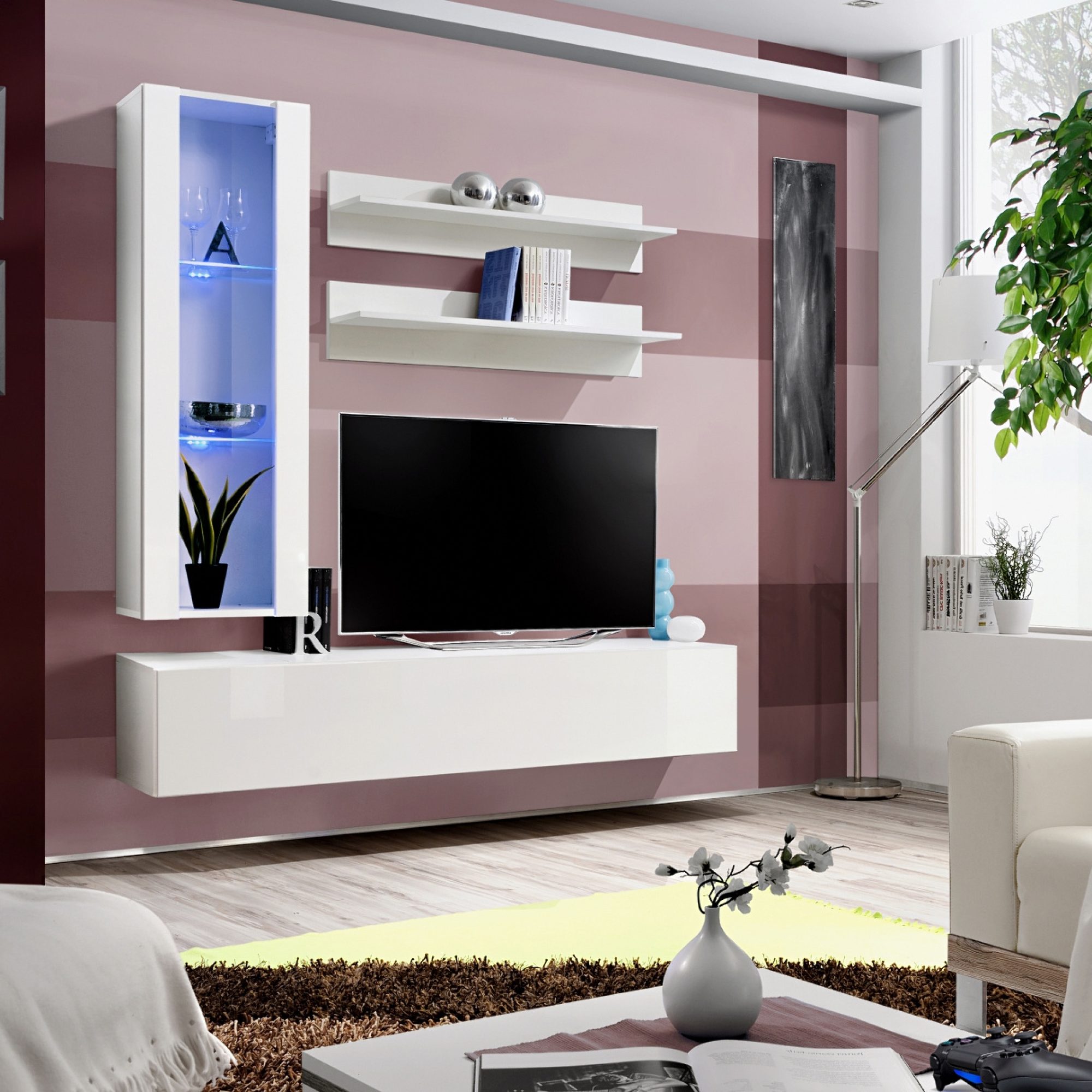 TV obývací stěna s LED vitrínou Flavero 160 cm v aranžmá obývacího pokoje
